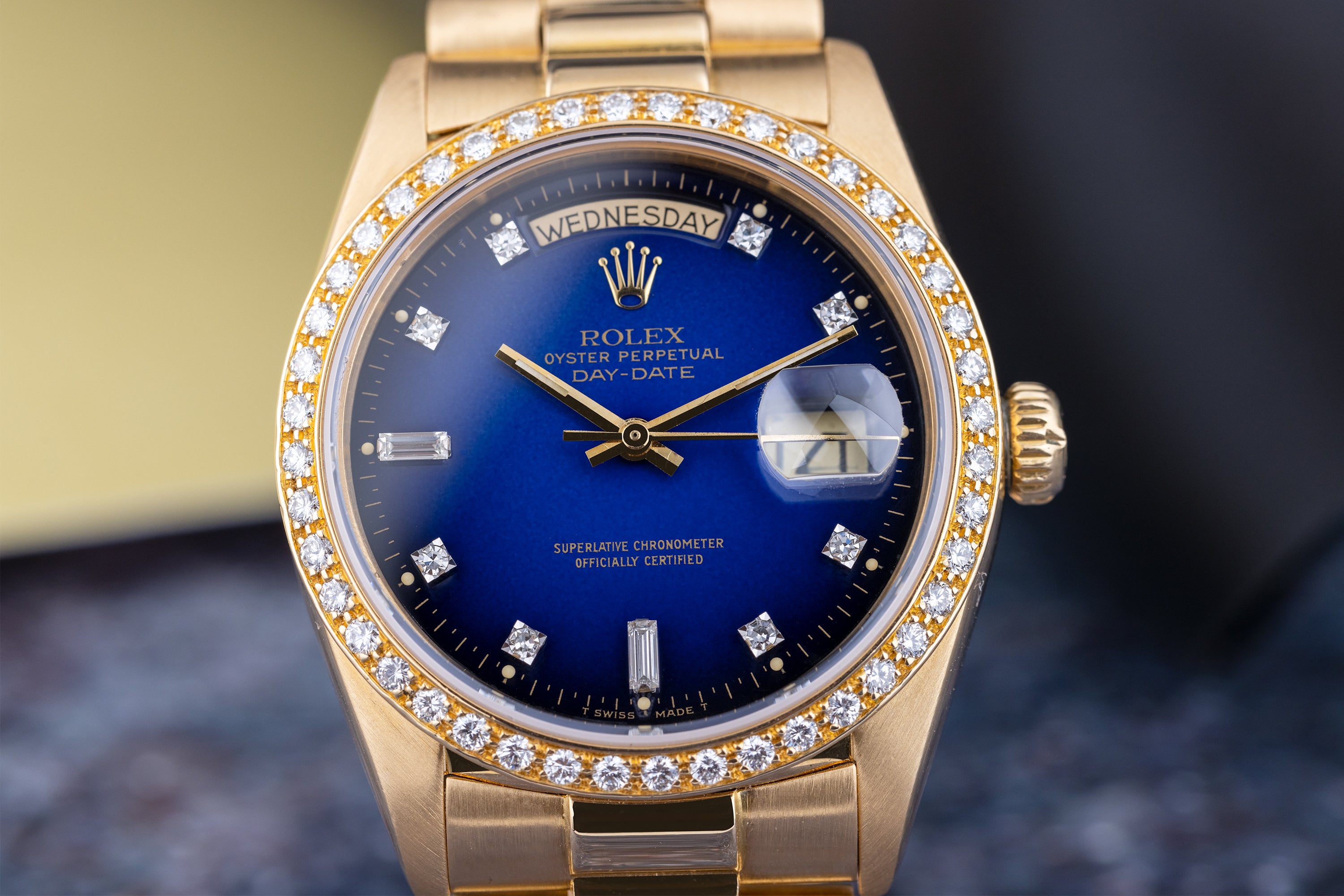 Rolex Day-Date | REF. 18048 | Blue Vignette Diamond Dial & Bezel | 1979 | 18k Yellow Gold