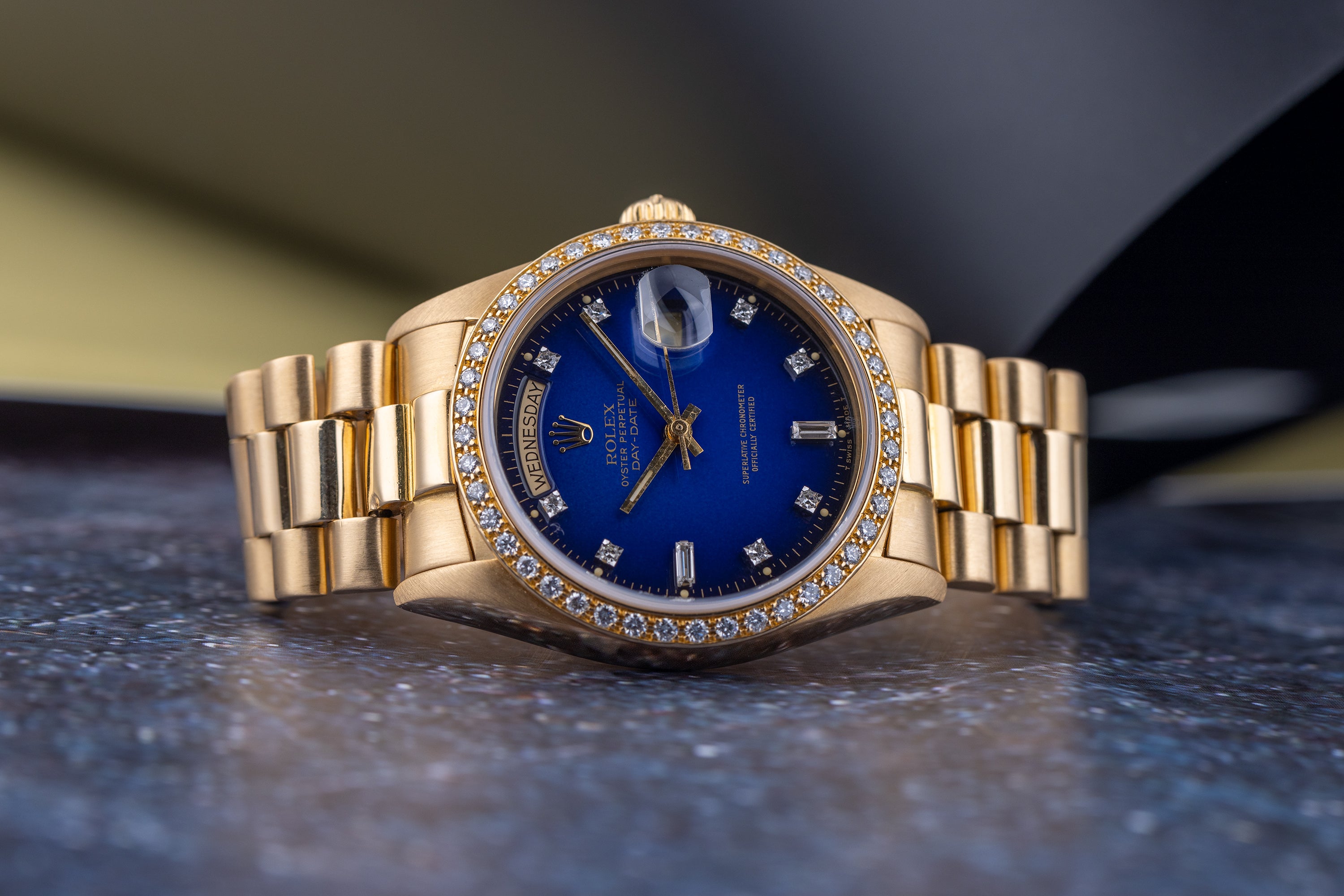 Rolex Day-Date | REF. 18048 | Blue Vignette Diamond Dial & Bezel | 1979 | 18k Yellow Gold