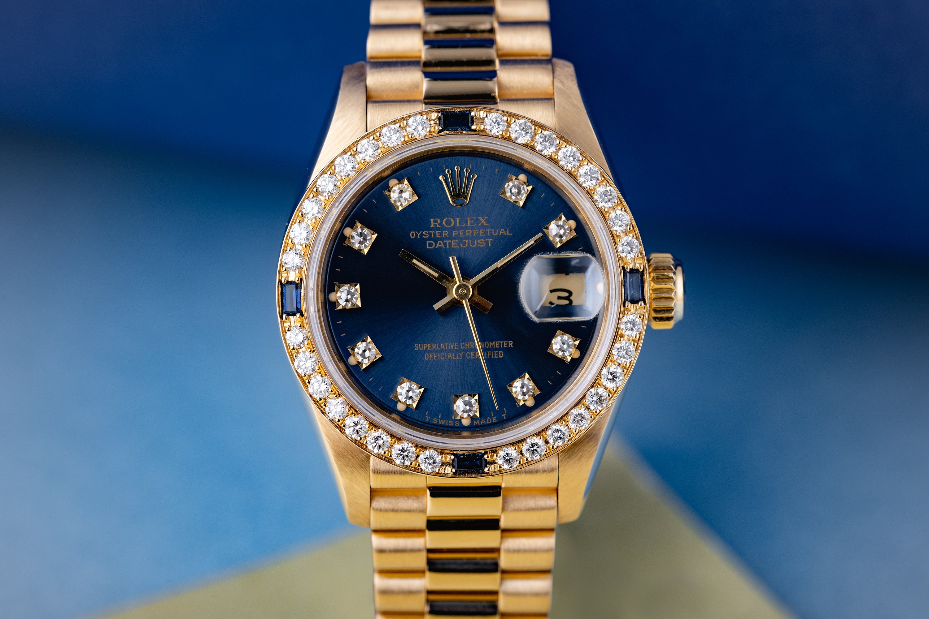 Rolex Lady DateJust | REF. 69088 | Blue Diamond Dial | Diamond & Sapphire Bezel | 18K Yellow Gold