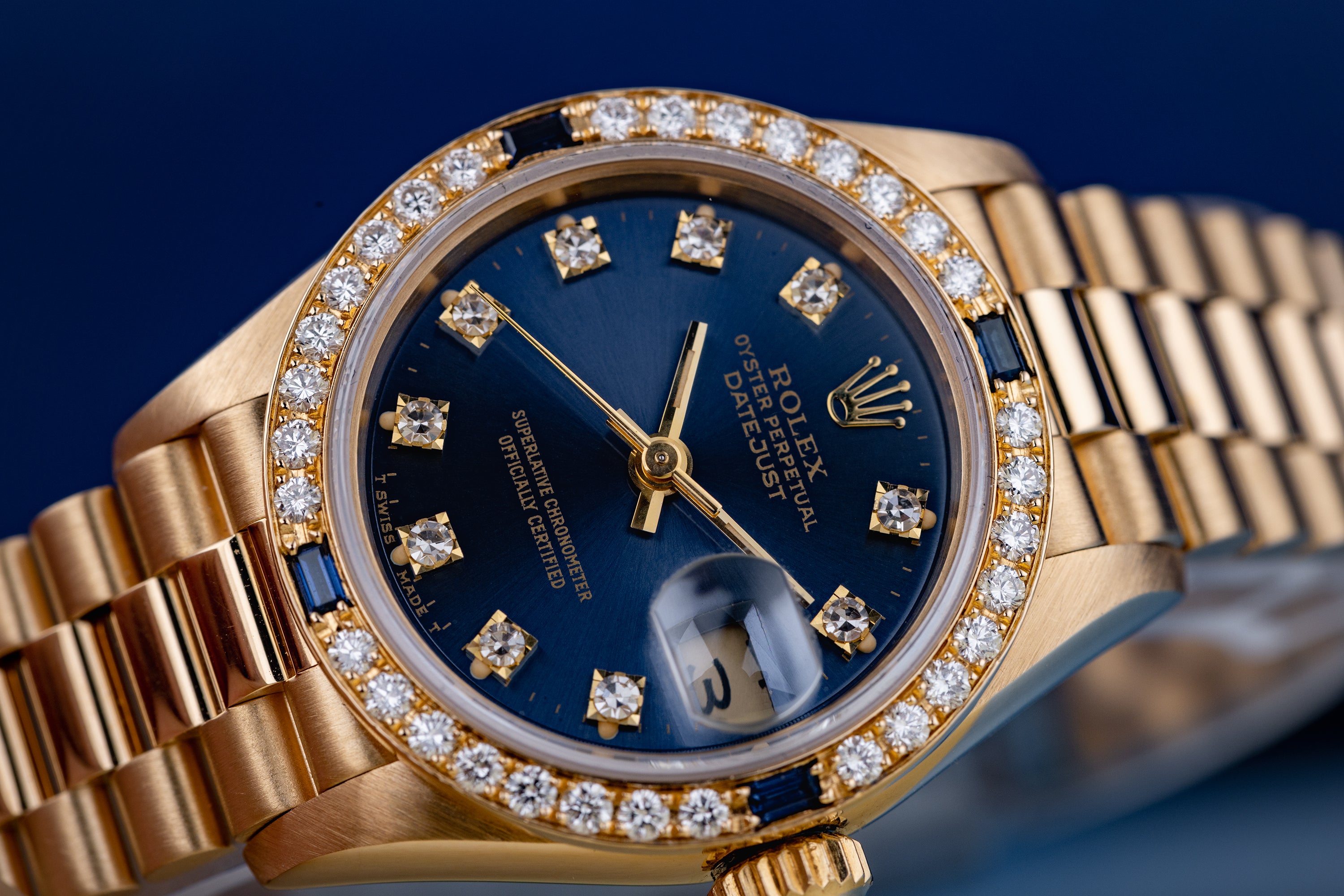 Rolex Lady DateJust | REF. 69088 | Blue Diamond Dial | Diamond & Sapphire Bezel | 18K Yellow Gold