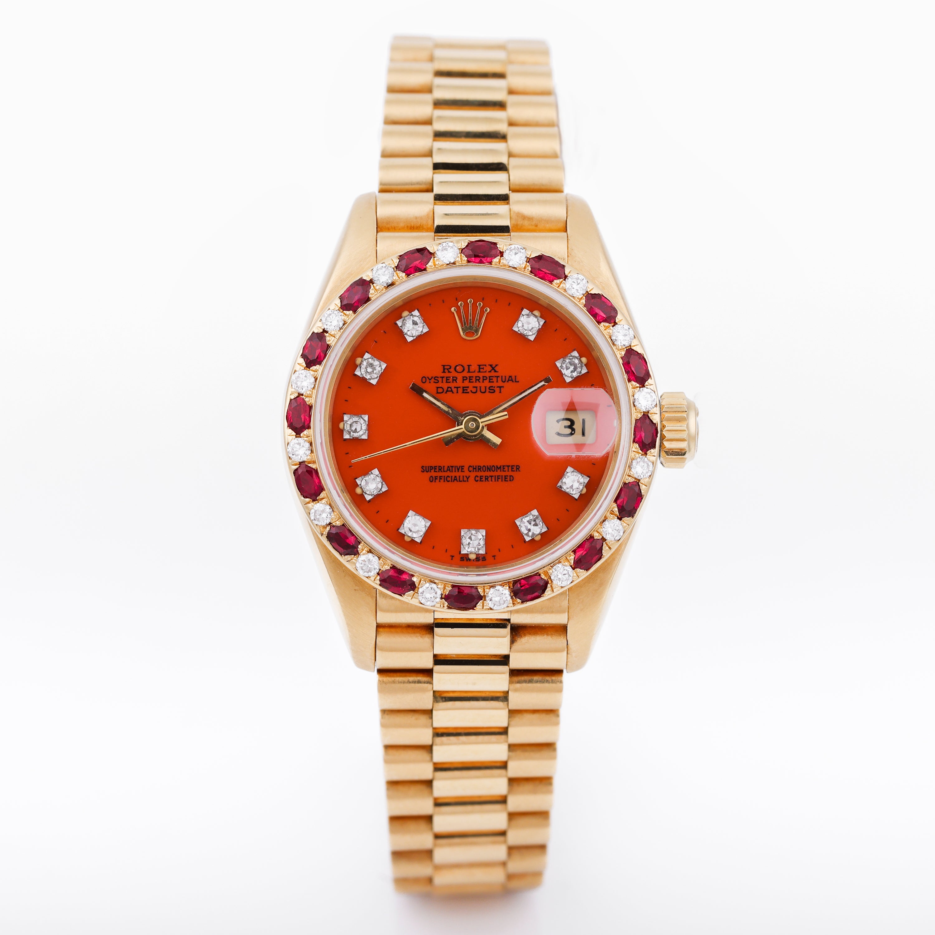Rare Rolex Lady DateJust | REF. 69198 | Stella Red Dial | Diamond & Rubies | 18K Yellow Gold