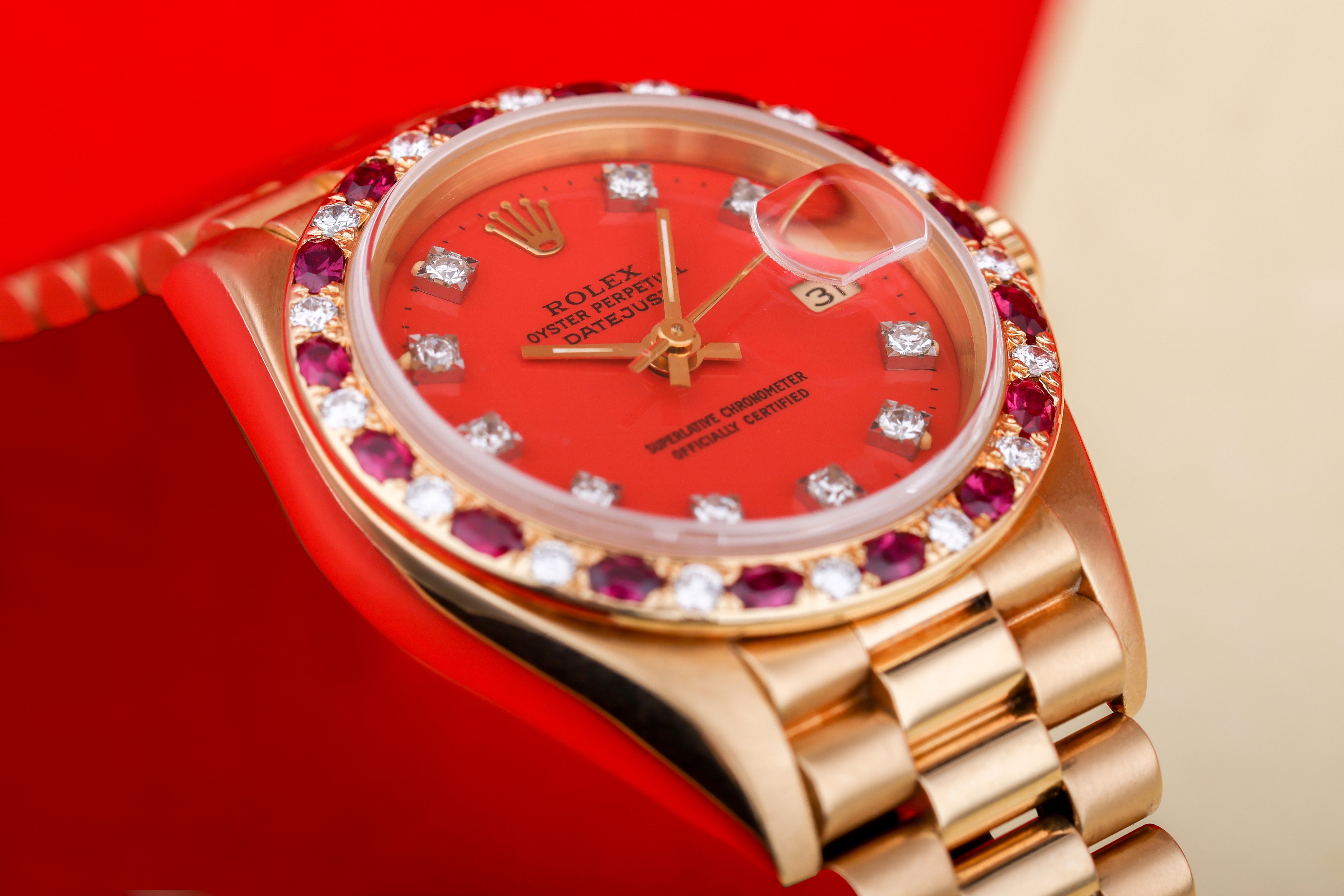 Rare Rolex Lady DateJust | REF. 69198 | Stella Red Dial | Diamond & Rubies | 18K Yellow Gold