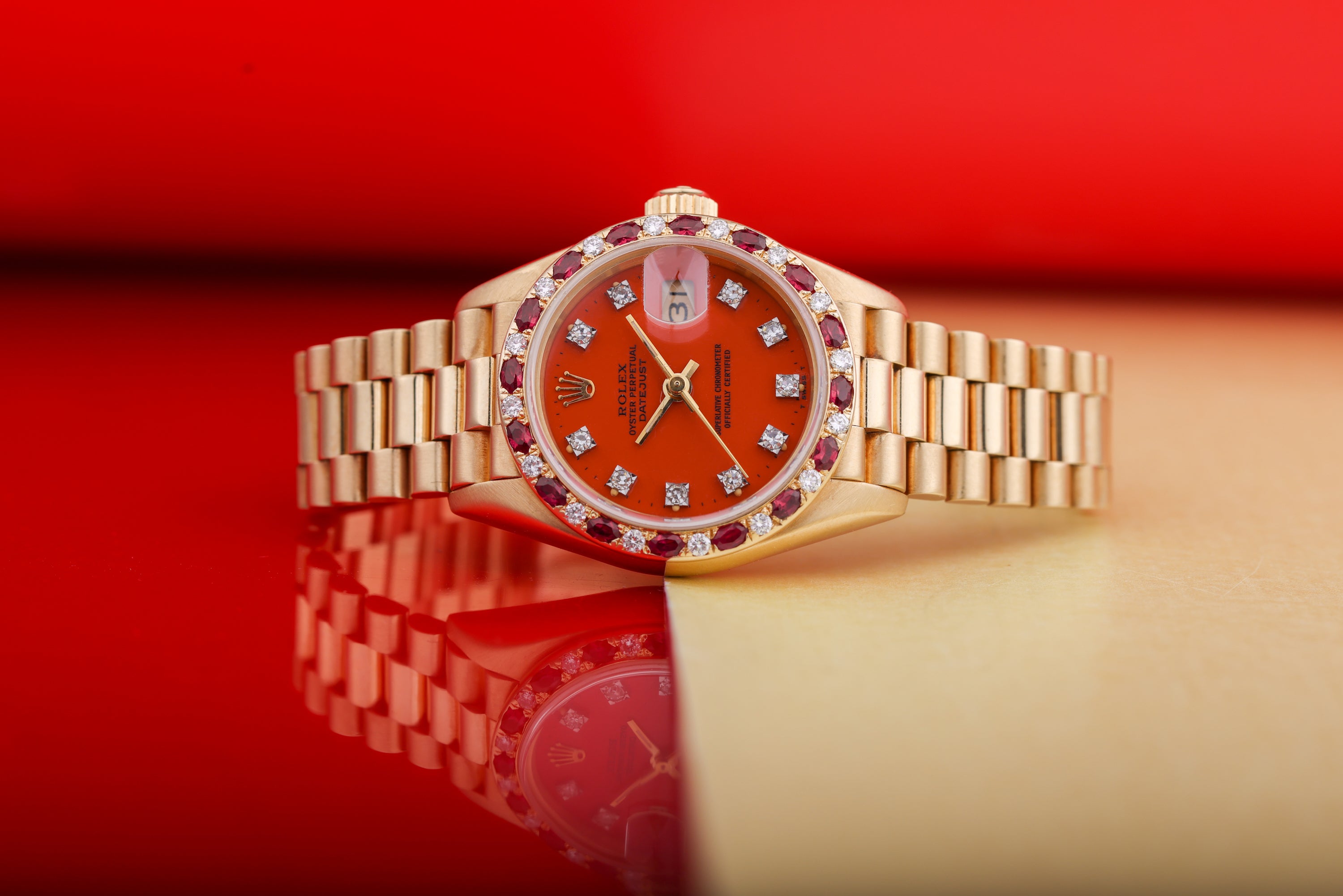 Rare Rolex Lady DateJust | REF. 69198 | Stella Red Dial | Diamond & Rubies | 18K Yellow Gold