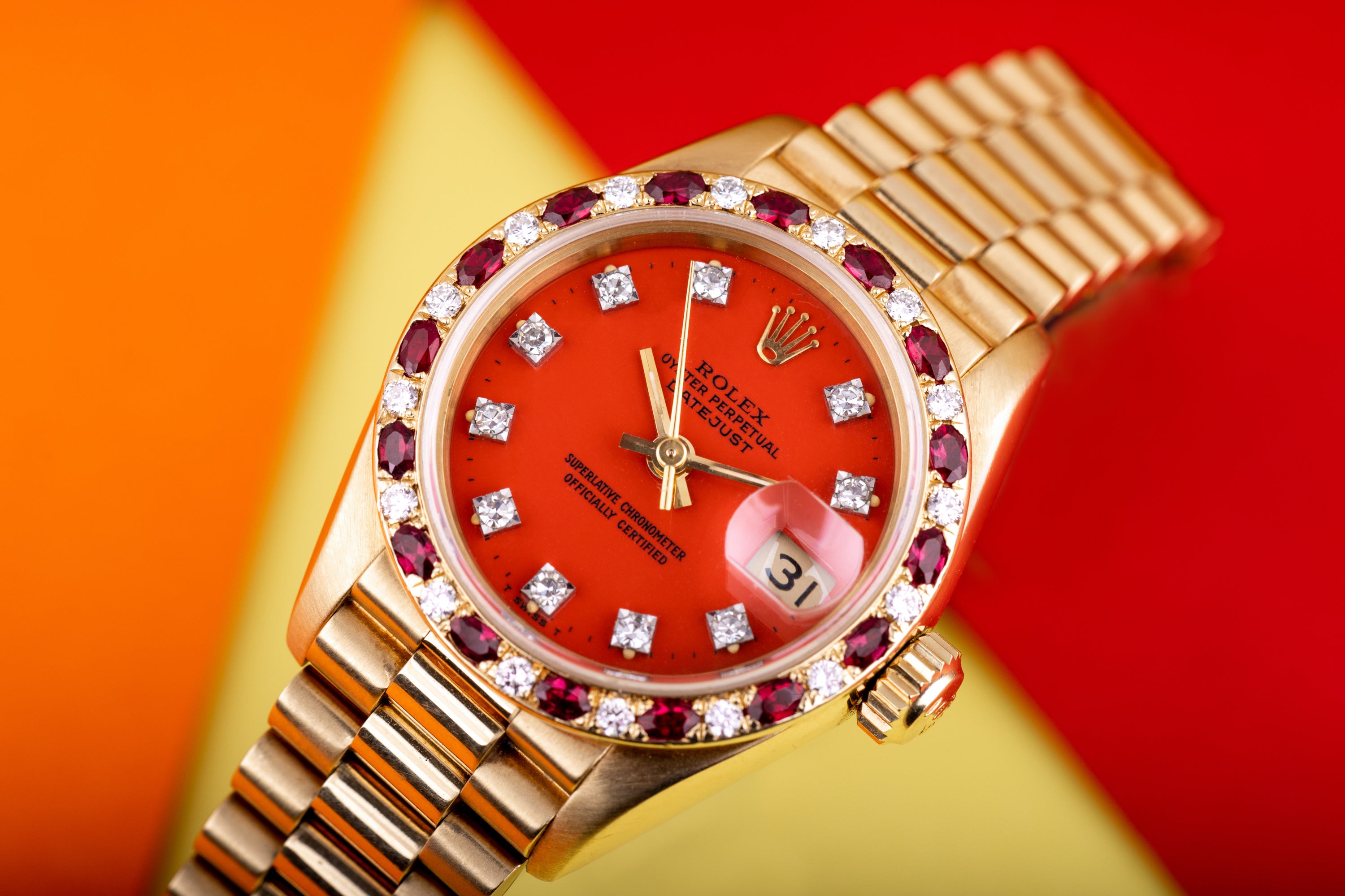 Rare Rolex Lady DateJust | REF. 69198 | Stella Red Dial | Diamond & Rubies | 18K Yellow Gold