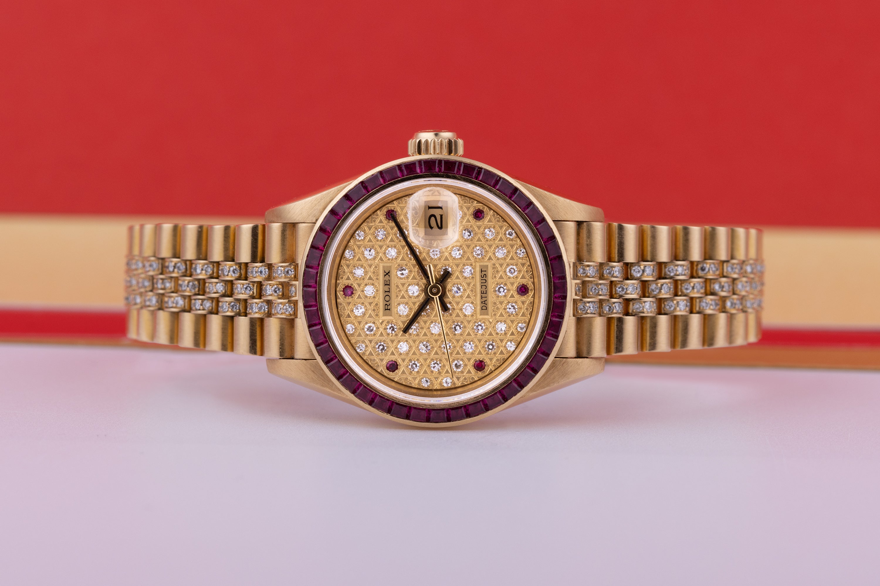 Rolex Lady DateJust | REF. 69098 | Gold Diamond Dial | Ruby Baguette Bezel & Hours | Diamond Bracelet | 1986 | 18k Yellow Gold