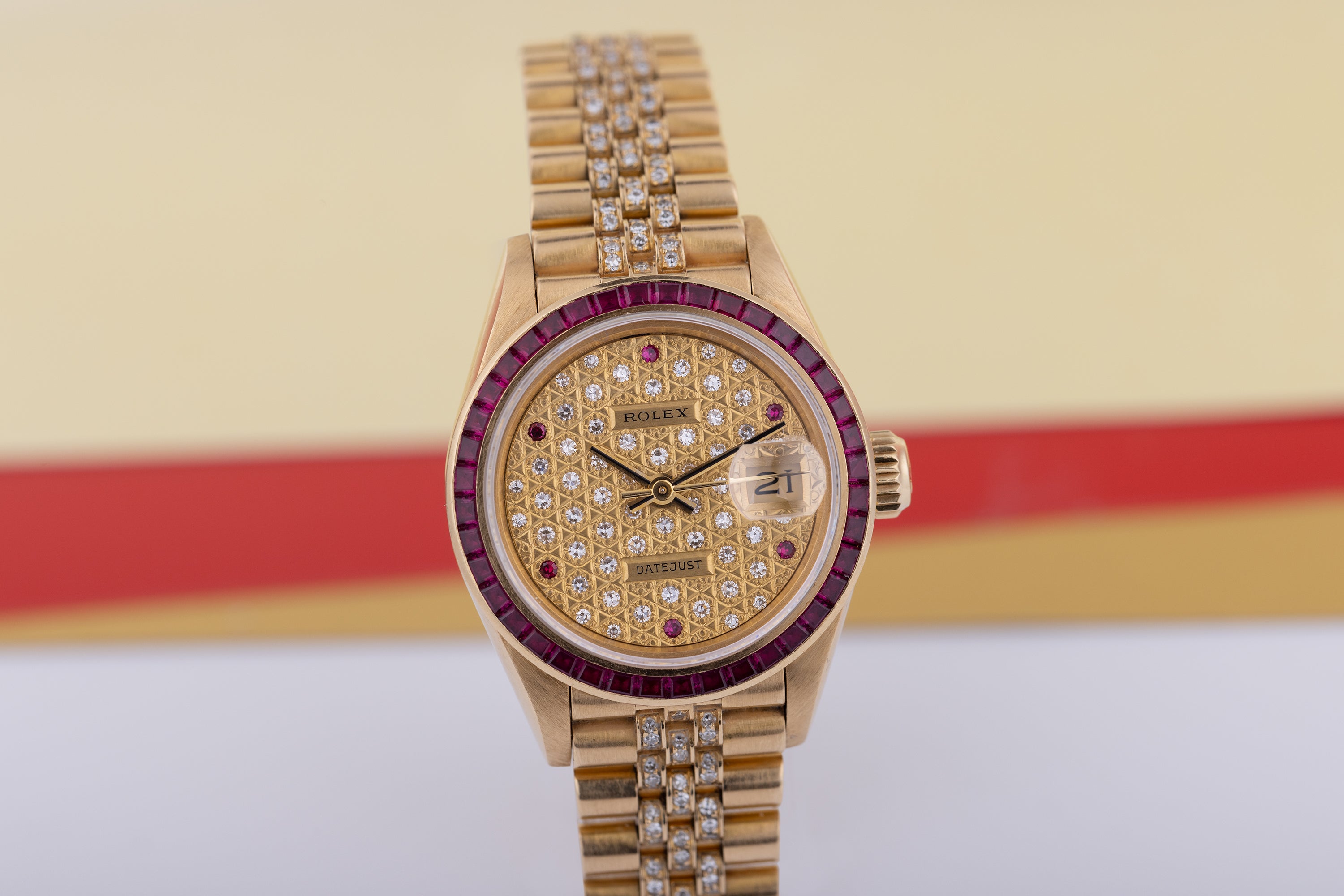Rolex Lady DateJust | REF. 69098 | Gold Diamond Dial | Ruby Baguette Bezel & Hours | Diamond Bracelet | 1986 | 18k Yellow Gold
