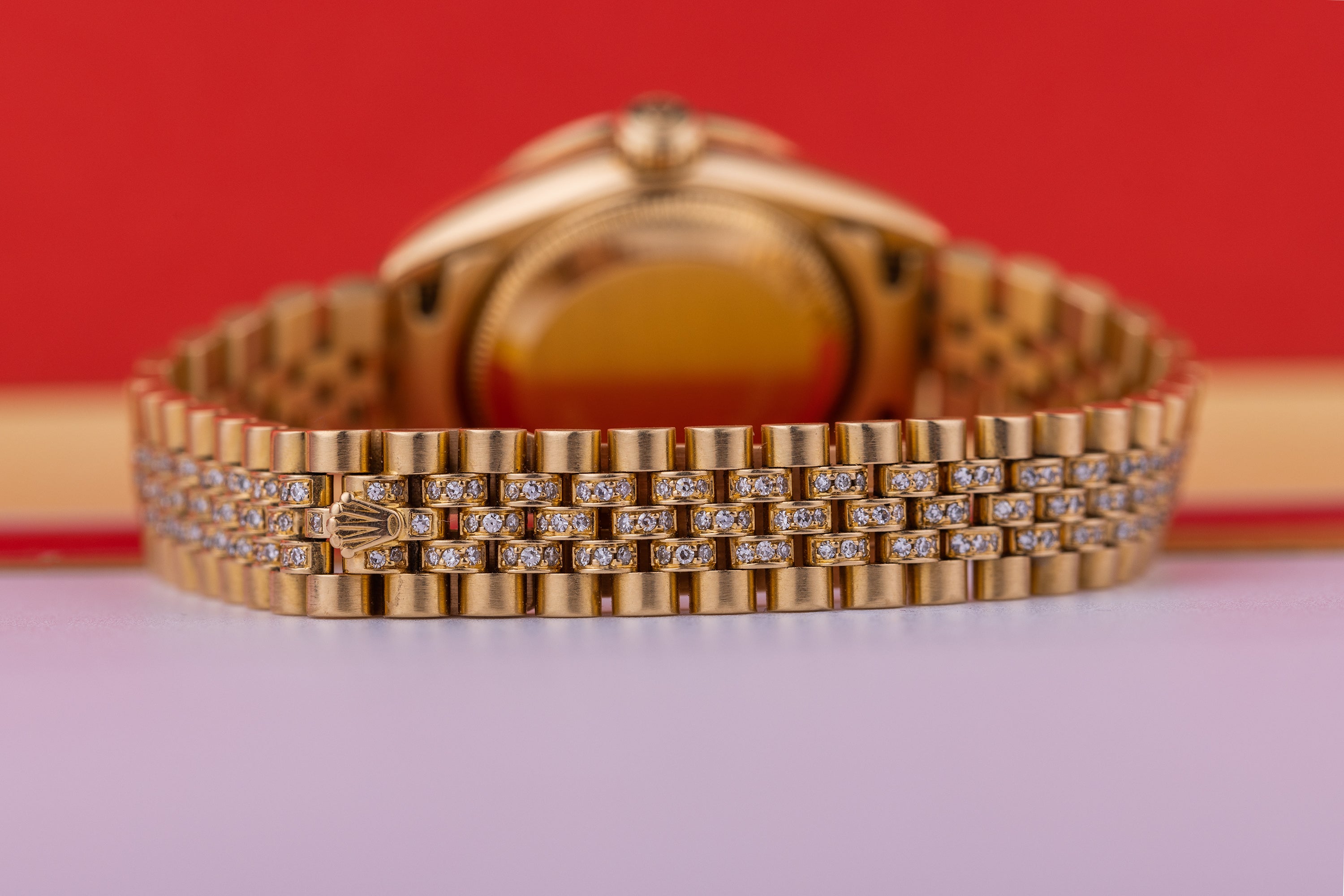 Rolex Lady DateJust | REF. 69098 | Gold Diamond Dial | Ruby Baguette Bezel & Hours | Diamond Bracelet | 1986 | 18k Yellow Gold