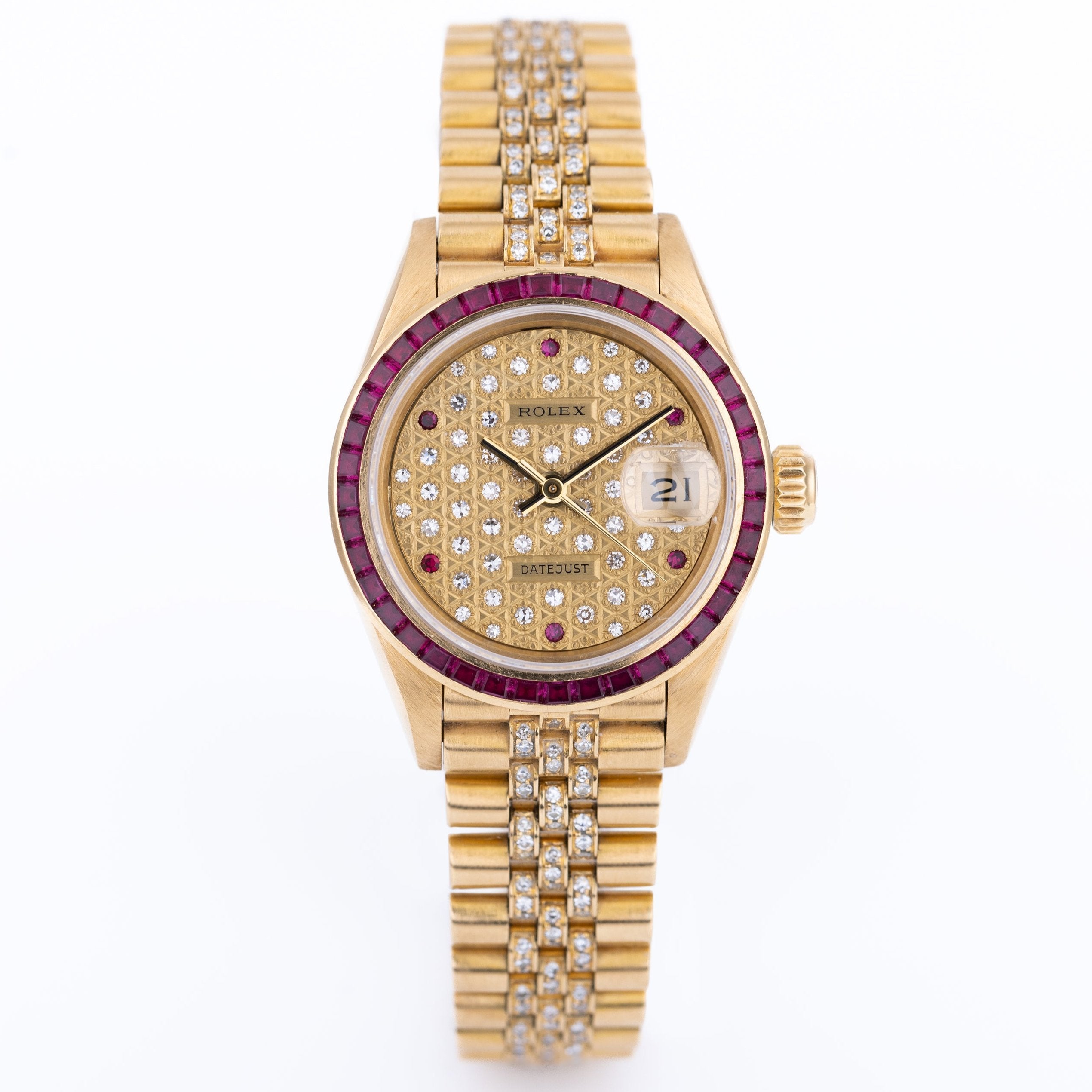 Rolex Lady DateJust | REF. 69098 | Gold Diamond Dial | Ruby Baguette Bezel & Hours | Diamond Bracelet | 1986 | 18k Yellow Gold