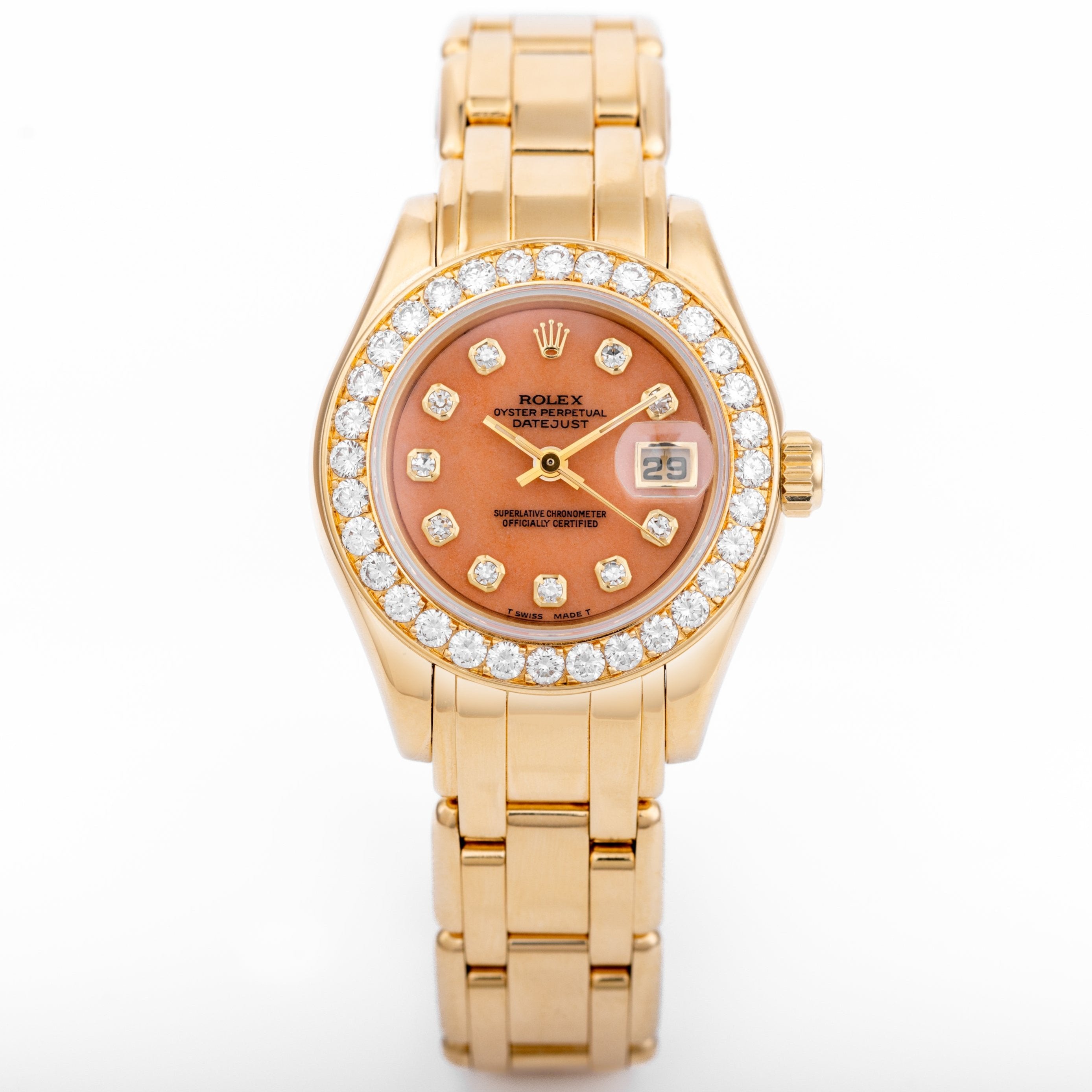 Rolex Lady DateJust Pearlmaster | REF. 69298 | Coral Diamond Dial & Bezel | 18k Yellow Gold