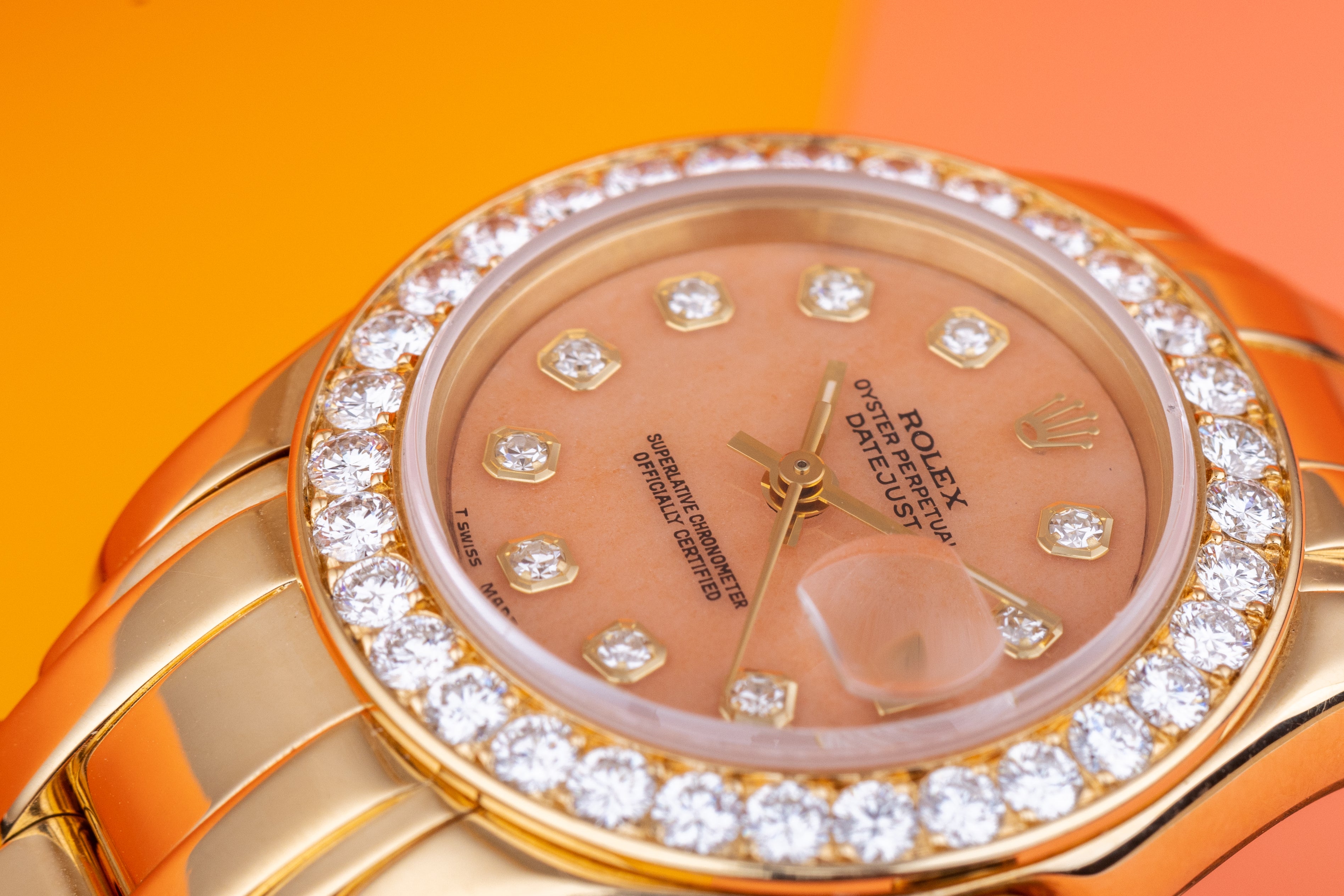 Rolex Lady DateJust Pearlmaster | REF. 69298 | Coral Diamond Dial & Bezel | 18k Yellow Gold