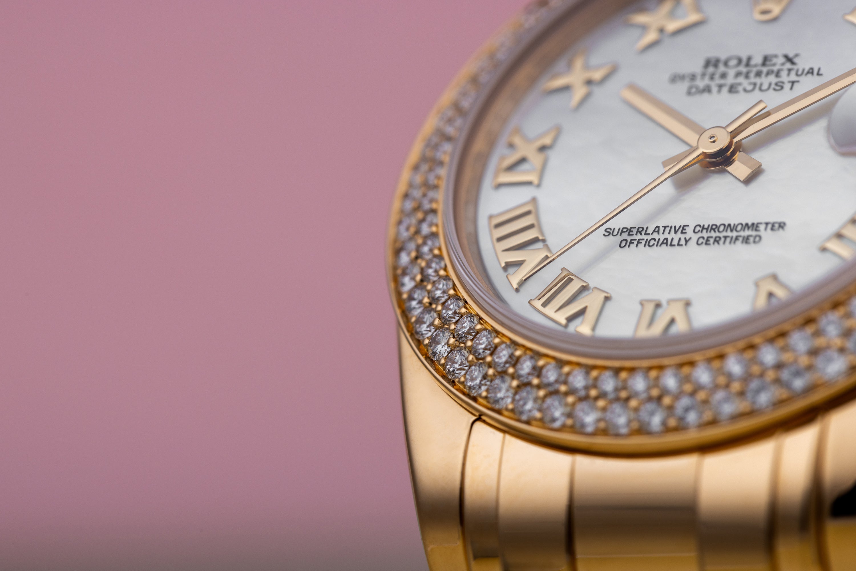 Rolex Pearlmaster DateJust 34 | REF. 81338 | Mother of Pearl Roman Dial | Double Diamond Bezel | Box & Papers | 2012 | 18k Yellow Gold