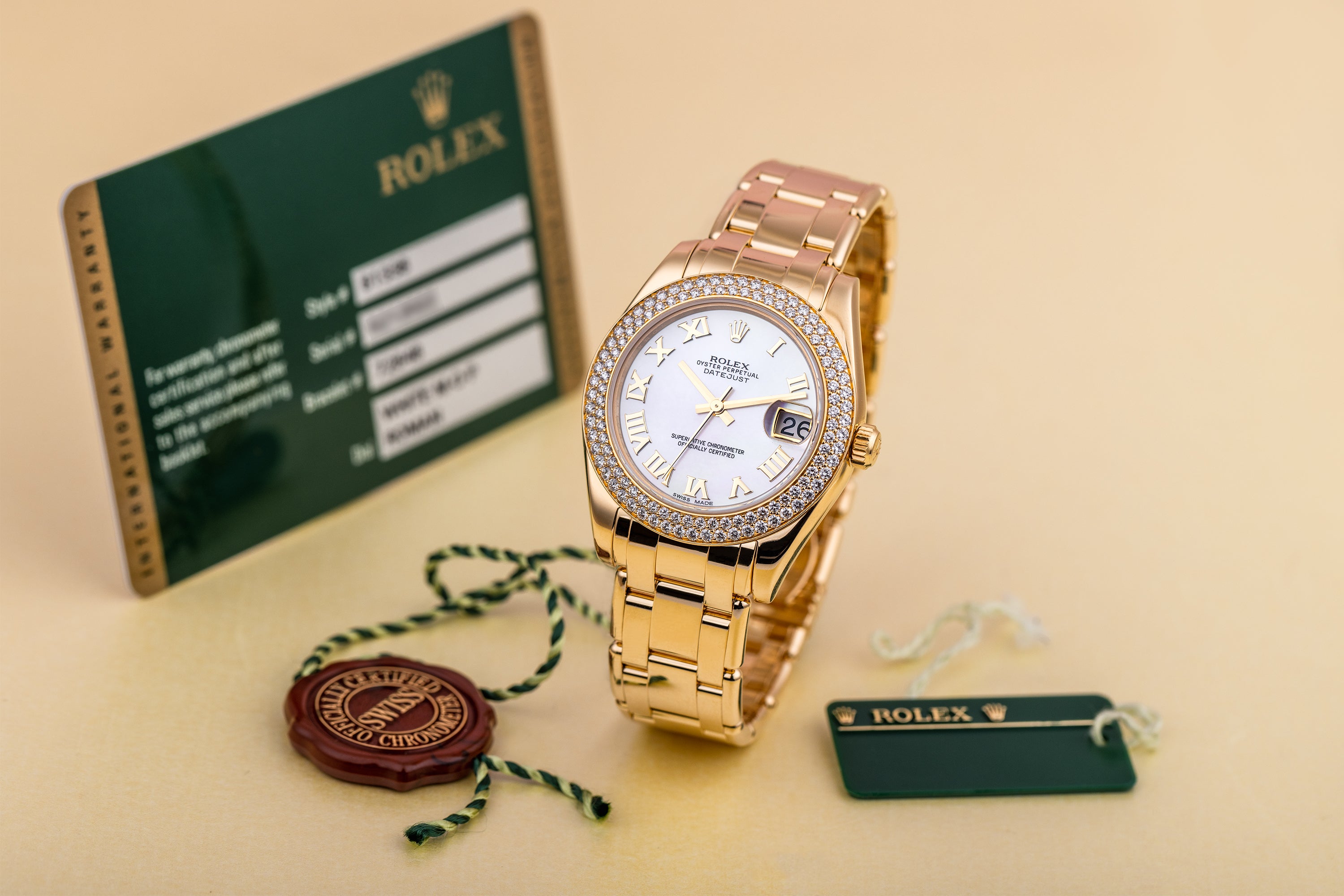 Rolex Pearlmaster DateJust 34 | REF. 81338 | Mother of Pearl Roman Dial | Double Diamond Bezel | Box & Papers | 2012 | 18k Yellow Gold