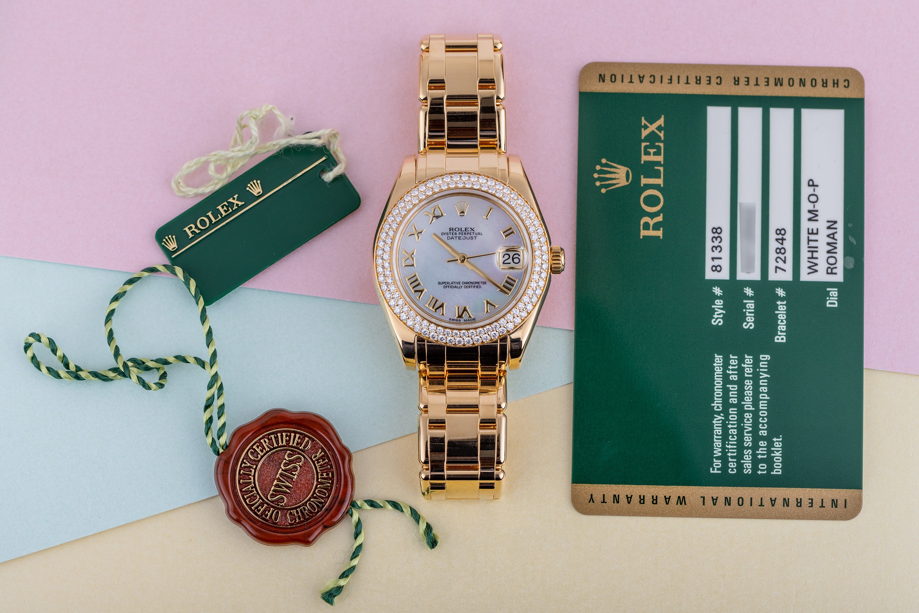 Rolex Pearlmaster DateJust 34 | REF. 81338 | Mother of Pearl Roman Dial | Double Diamond Bezel | Box & Papers | 2012 | 18k Yellow Gold