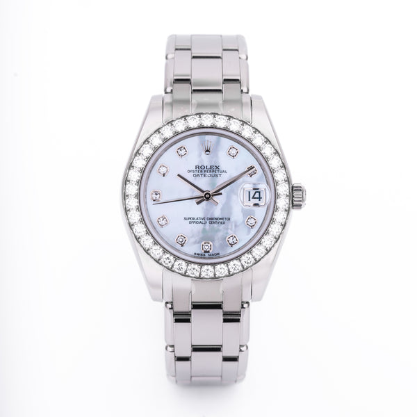 Unworn Rolex DateJust Pearlmaster 34 | REF. 81299 | 18k White Gold | Mother of Pearl Dial | Diamond Hours & Bezel | Box & Papers | 2019