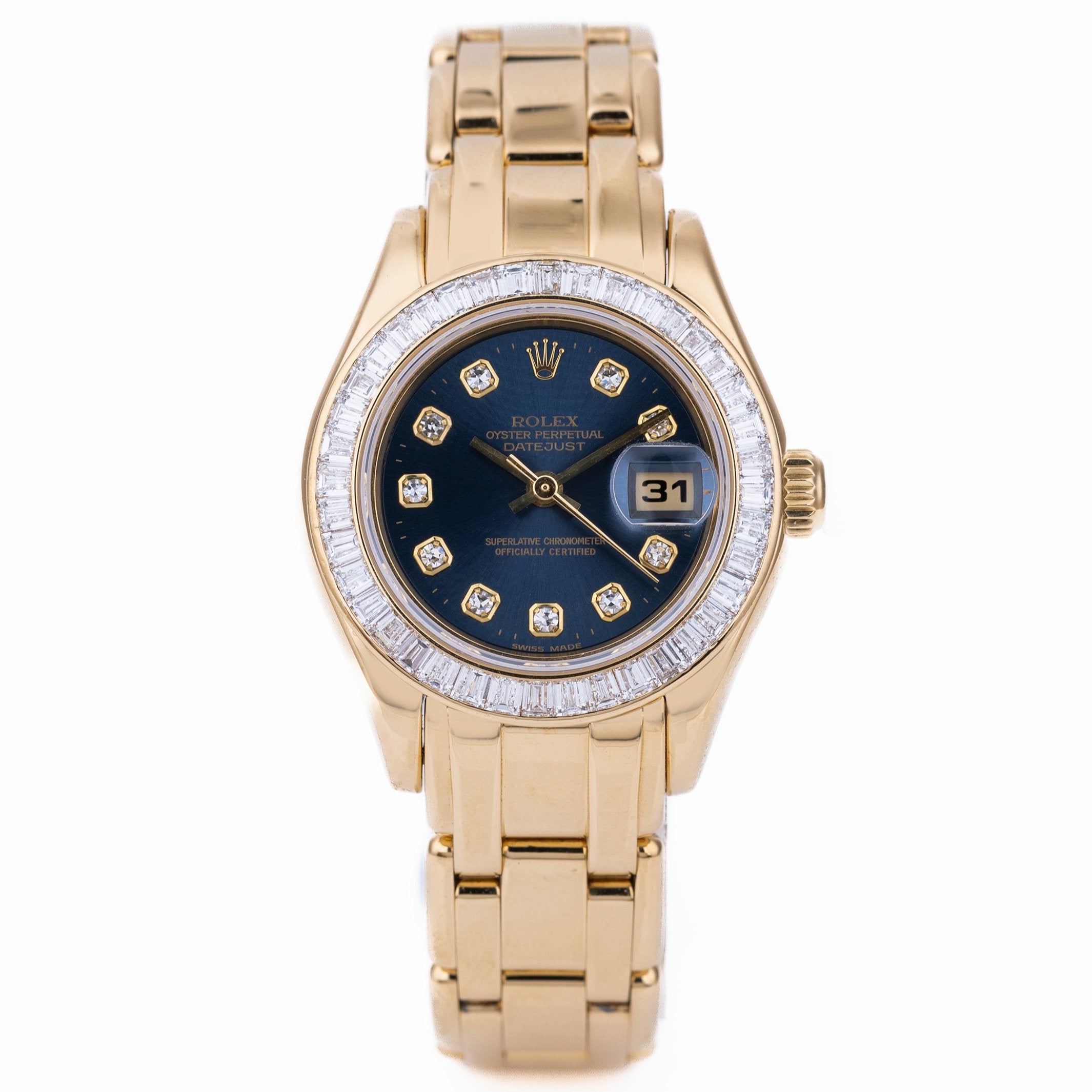 Rolex DateJust Pearlmaster | REF. 69308 | Blue Diamond Dial | Baguette Diamond Bezel | Papers | 2001 | 18k Yellow Gold