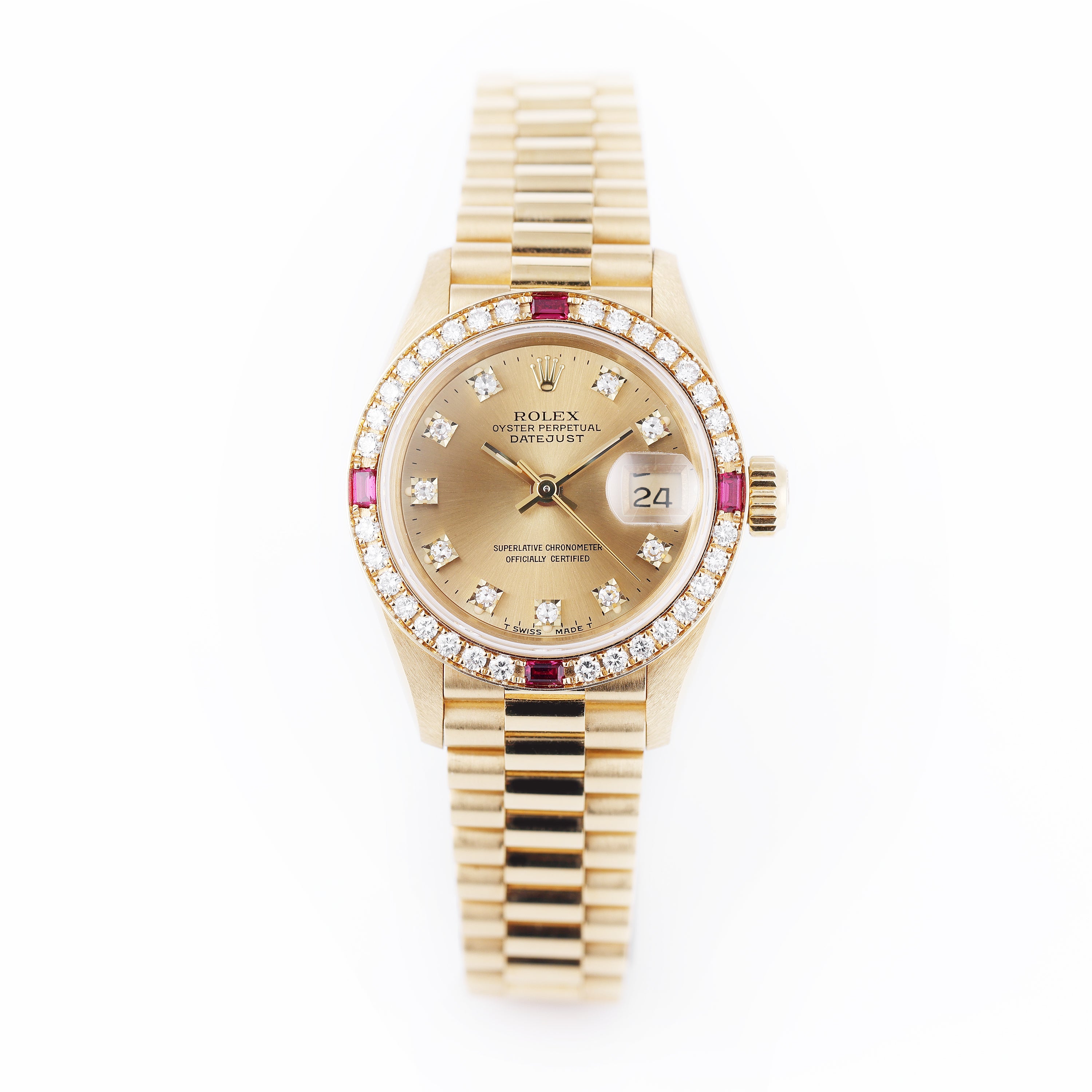 NOS: Rolex Lady DateJust | Diamond & Ruby Dial Bezel | 18k Yellow Gold | 69068 | Unpolished