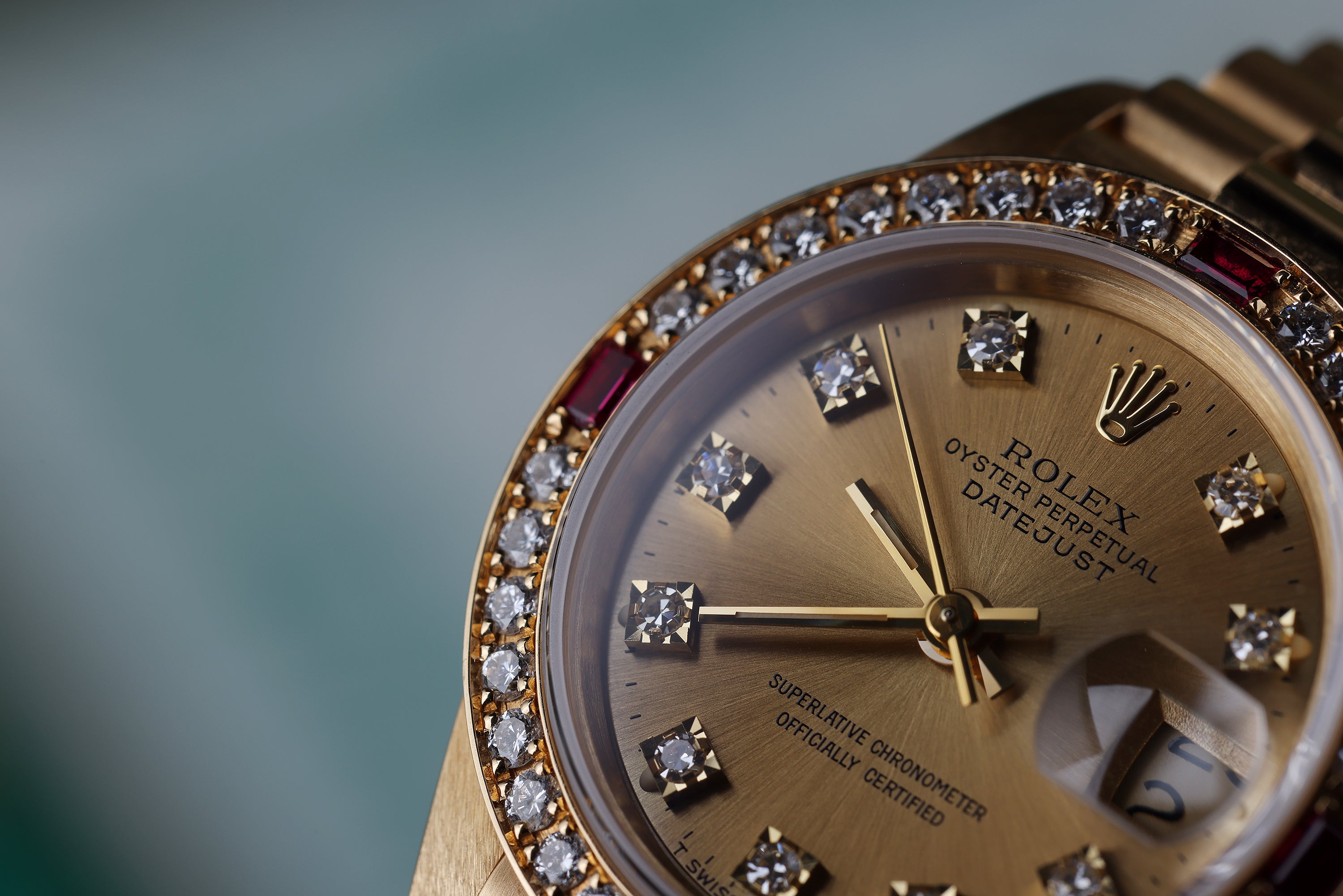 NOS: Rolex Lady DateJust | Diamond & Ruby Dial Bezel | 18k Yellow Gold | 69068 | Unpolished