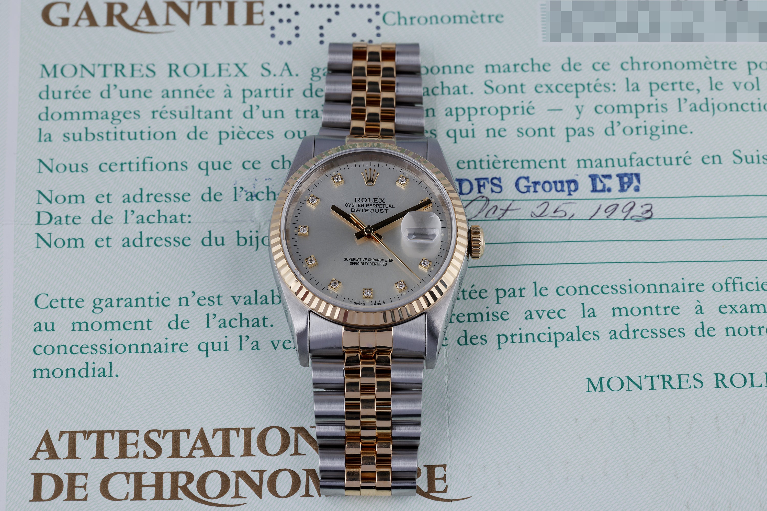 Rolex DateJust 36mm | REF. 16233 | Silver Diamond Dial | Stainless Steel & 18k Yellow Gold | Box & Papers