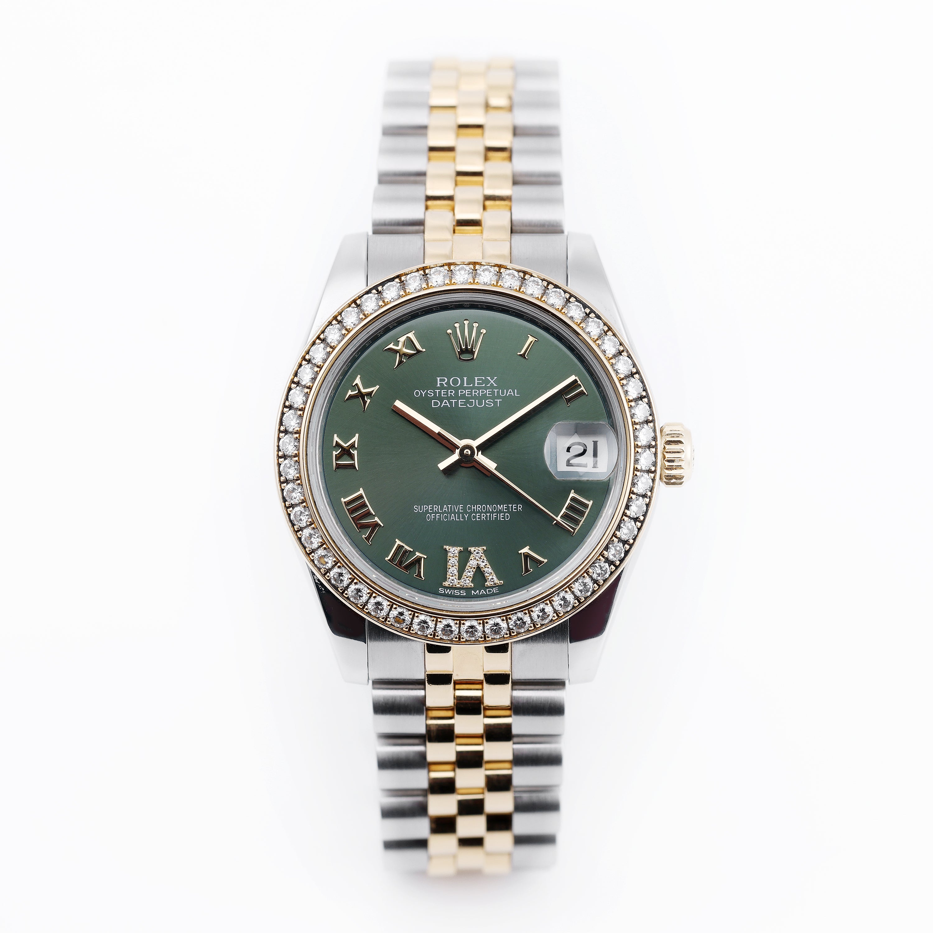 Rolex DateJust Midsize | 31mm | REF. 178383 | Olive Green Diamond Dial | Diamond Bezel | Stainless Steel & 18k Yellow Gold