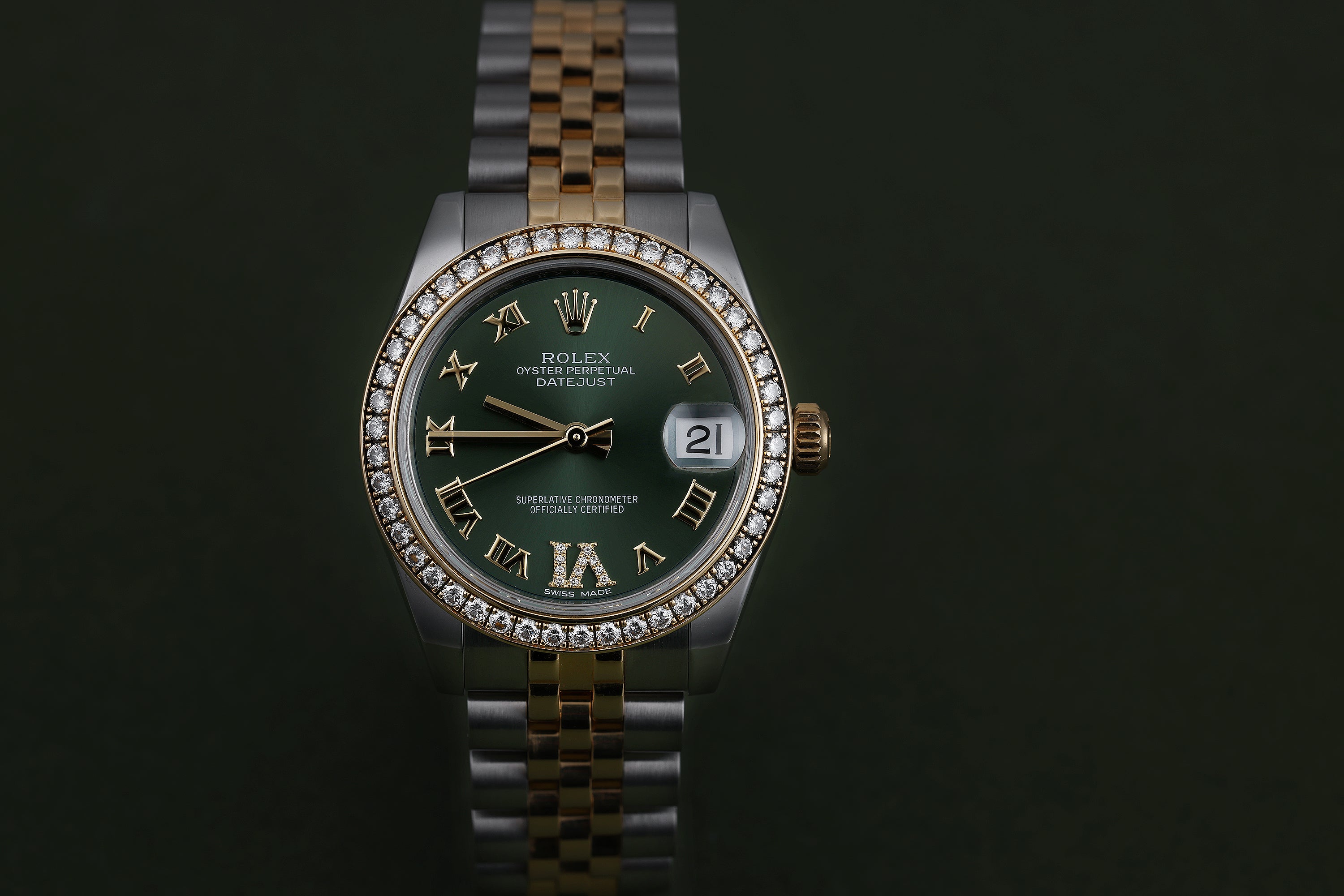 Rolex DateJust Midsize | 31mm | REF. 178383 | Olive Green Diamond Dial | Diamond Bezel | Stainless Steel & 18k Yellow Gold