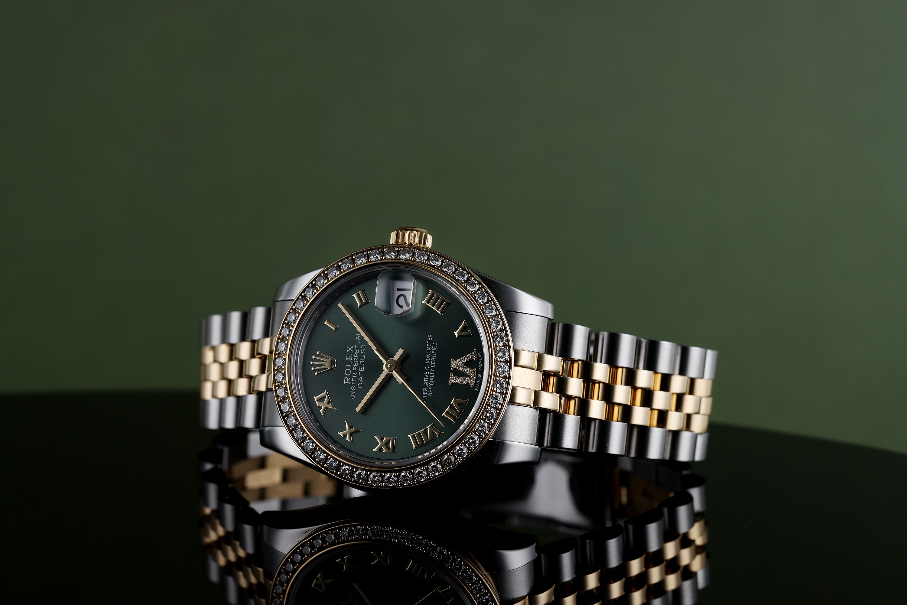 Rolex DateJust Midsize | 31mm | REF. 178383 | Olive Green Diamond Dial | Diamond Bezel | Stainless Steel & 18k Yellow Gold