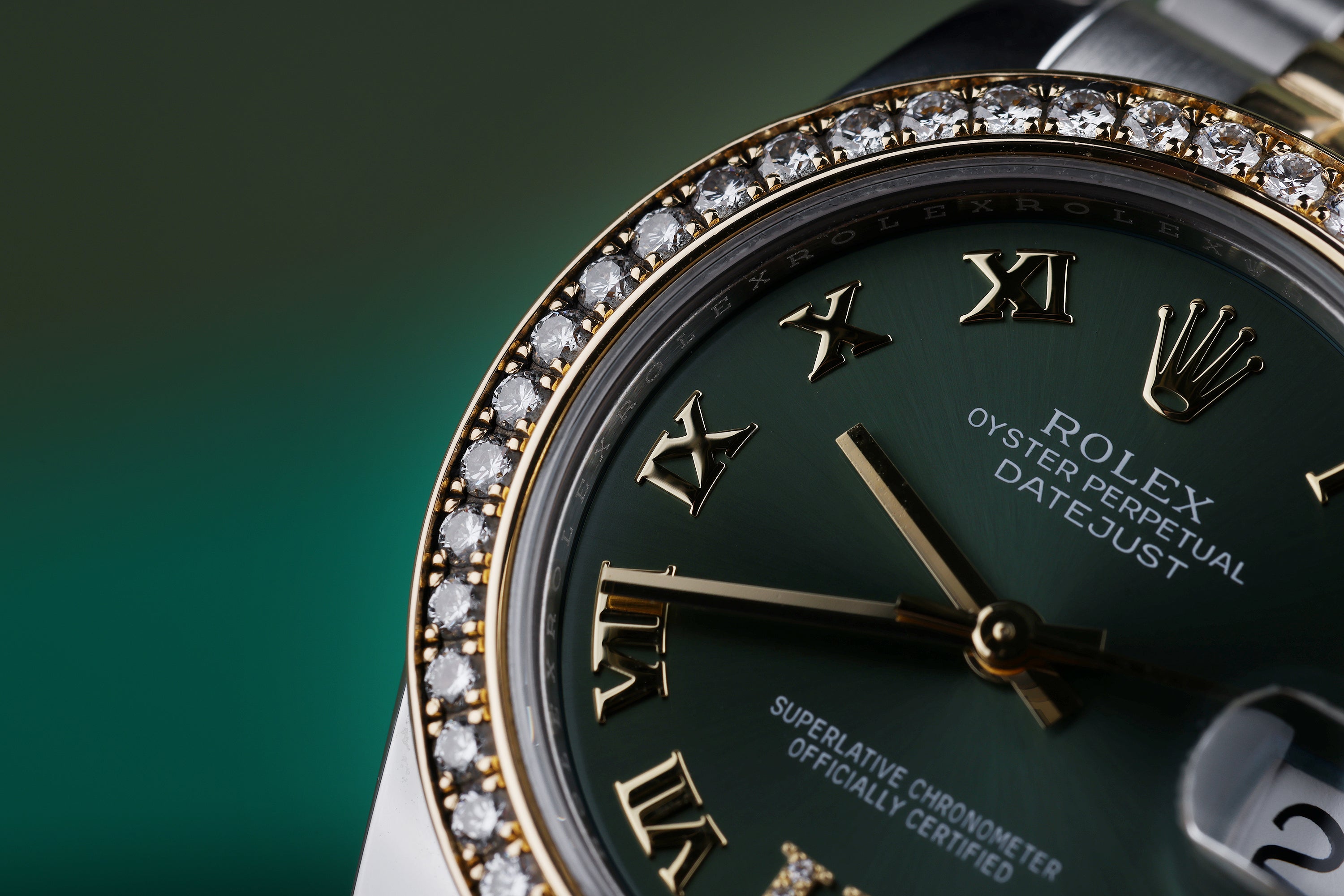 Rolex DateJust Midsize | 31mm | REF. 178383 | Olive Green Diamond Dial | Diamond Bezel | Stainless Steel & 18k Yellow Gold