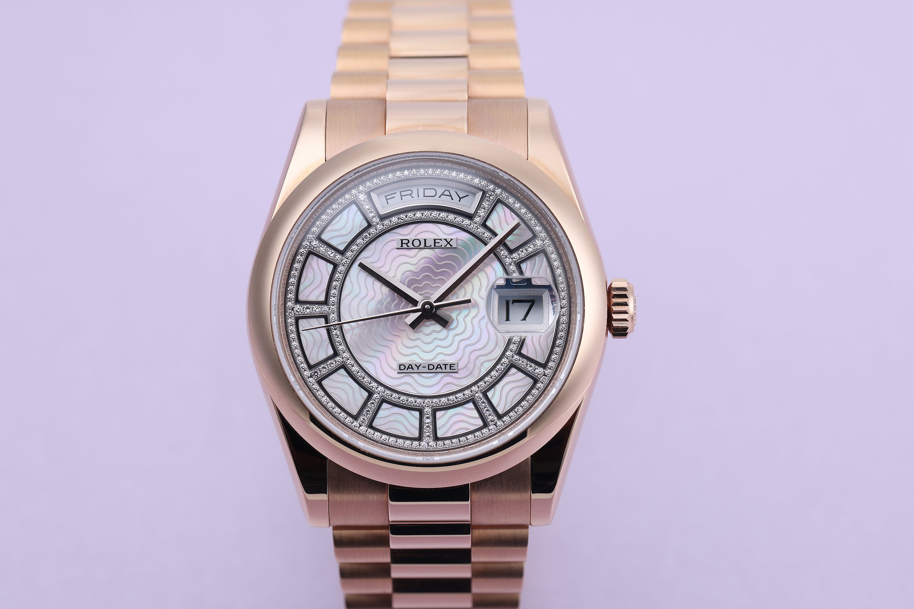 Rolex Day-Date | REF. 118205 | Carousel Dial: Pink Mother of Pearl + Diamonds | 18k Rose Gold | Box & Papers | 2021