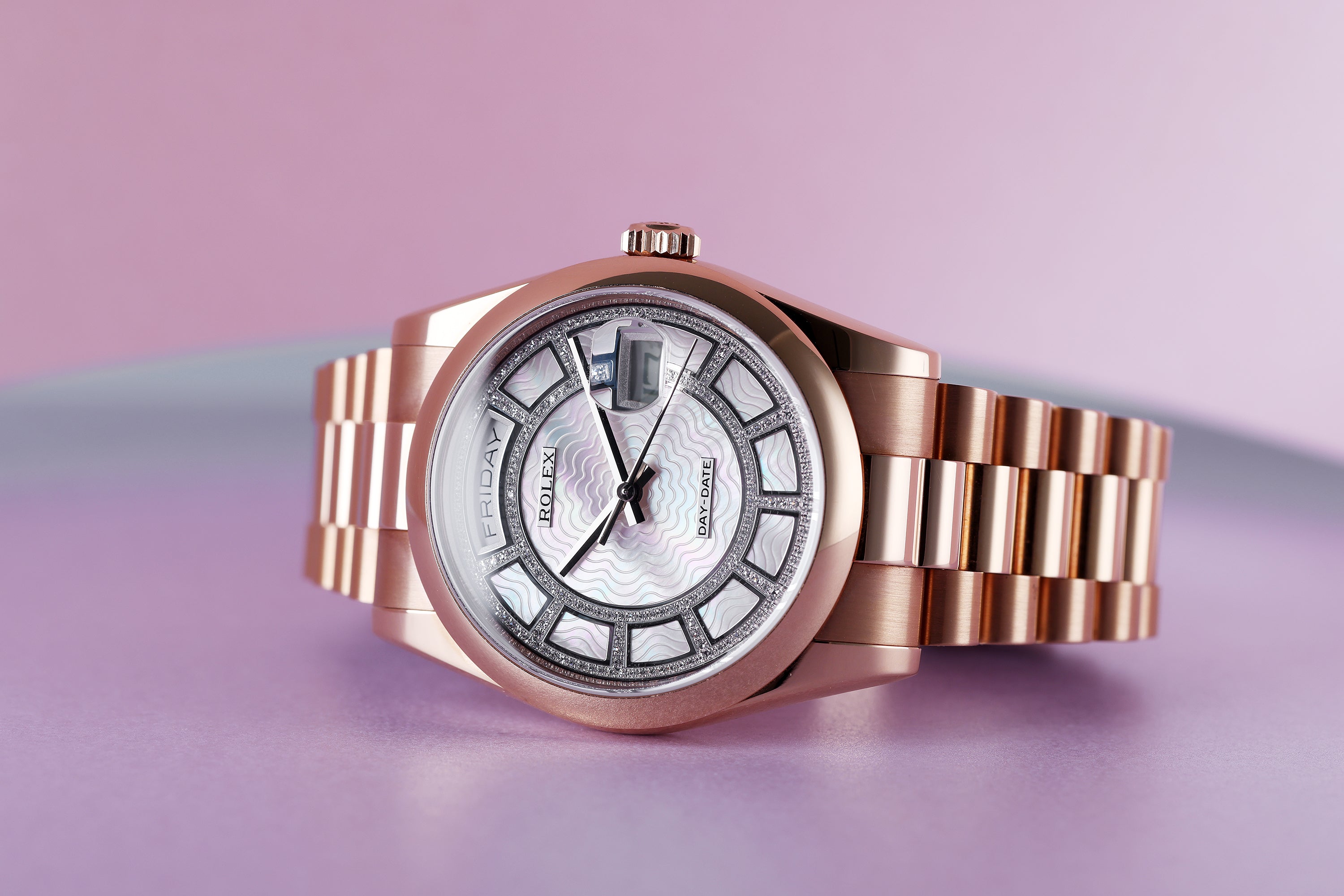 Rolex Day-Date | REF. 118205 | Carousel Dial: Pink Mother of Pearl + Diamonds | 18k Rose Gold | Box & Papers | 2021