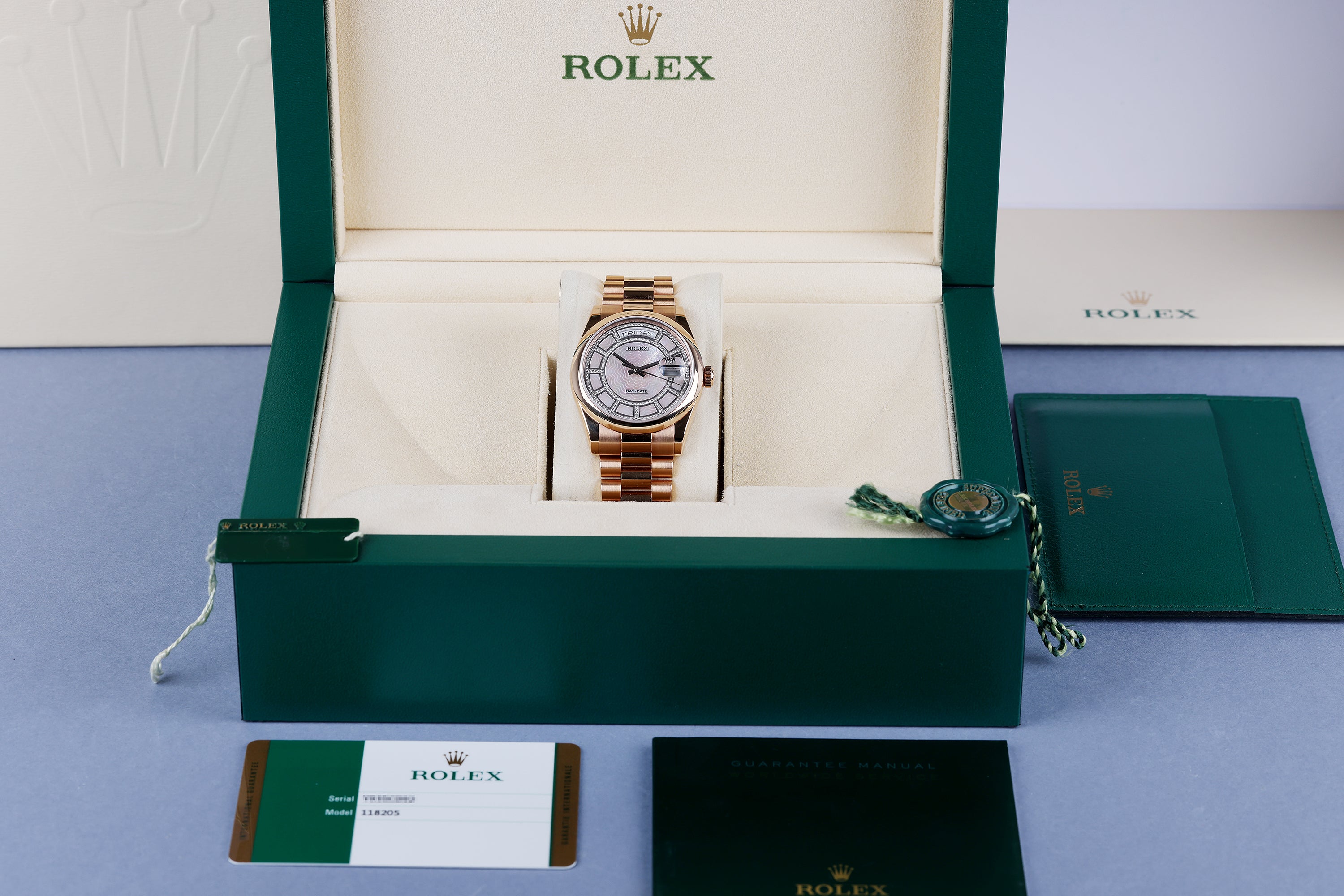 Rolex Day-Date | REF. 118205 | Carousel Dial: Pink Mother of Pearl + Diamonds | 18k Rose Gold | Box & Papers | 2021