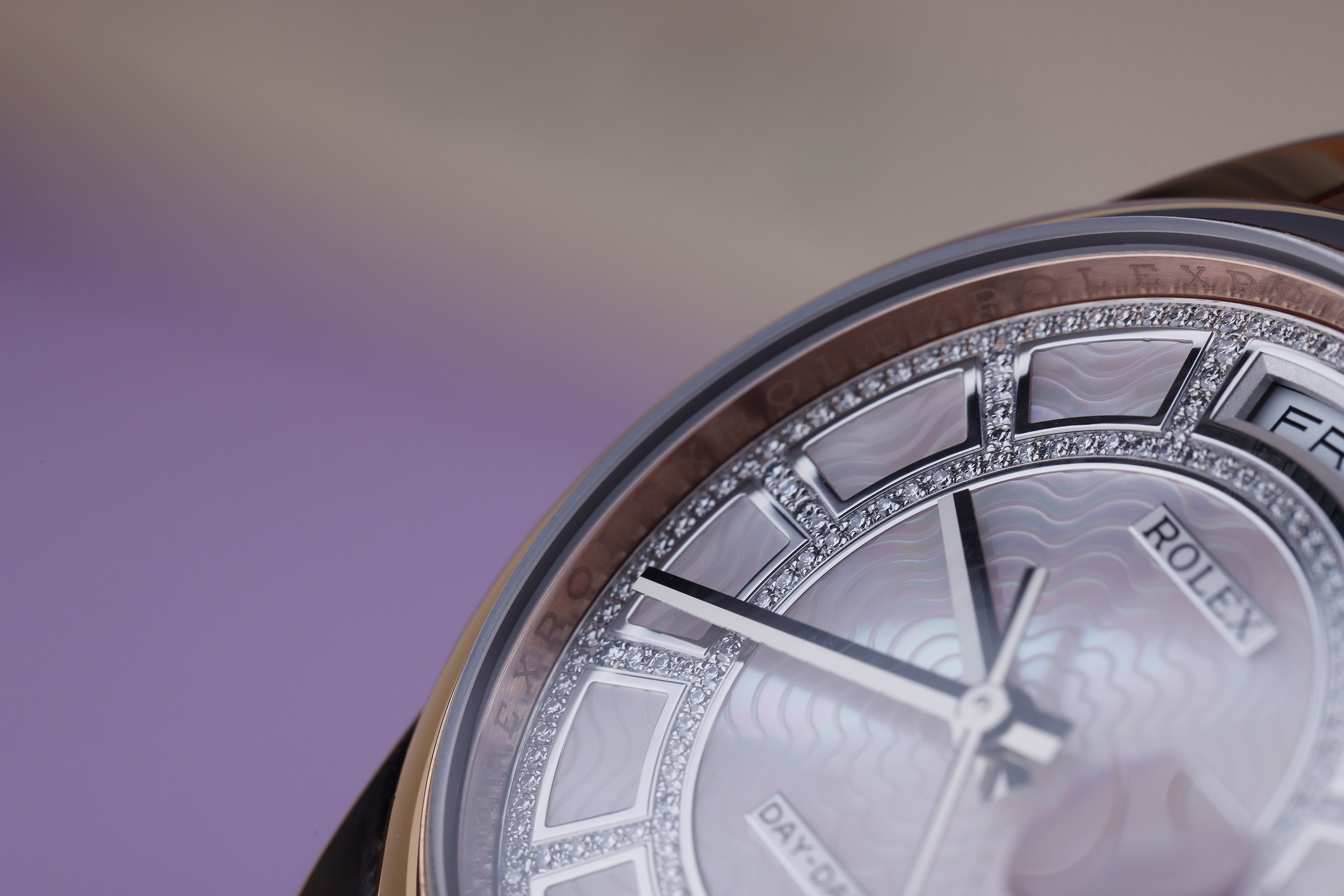 Rolex Day-Date | REF. 118205 | Carousel Dial: Pink Mother of Pearl + Diamonds | 18k Rose Gold | Box & Papers | 2021