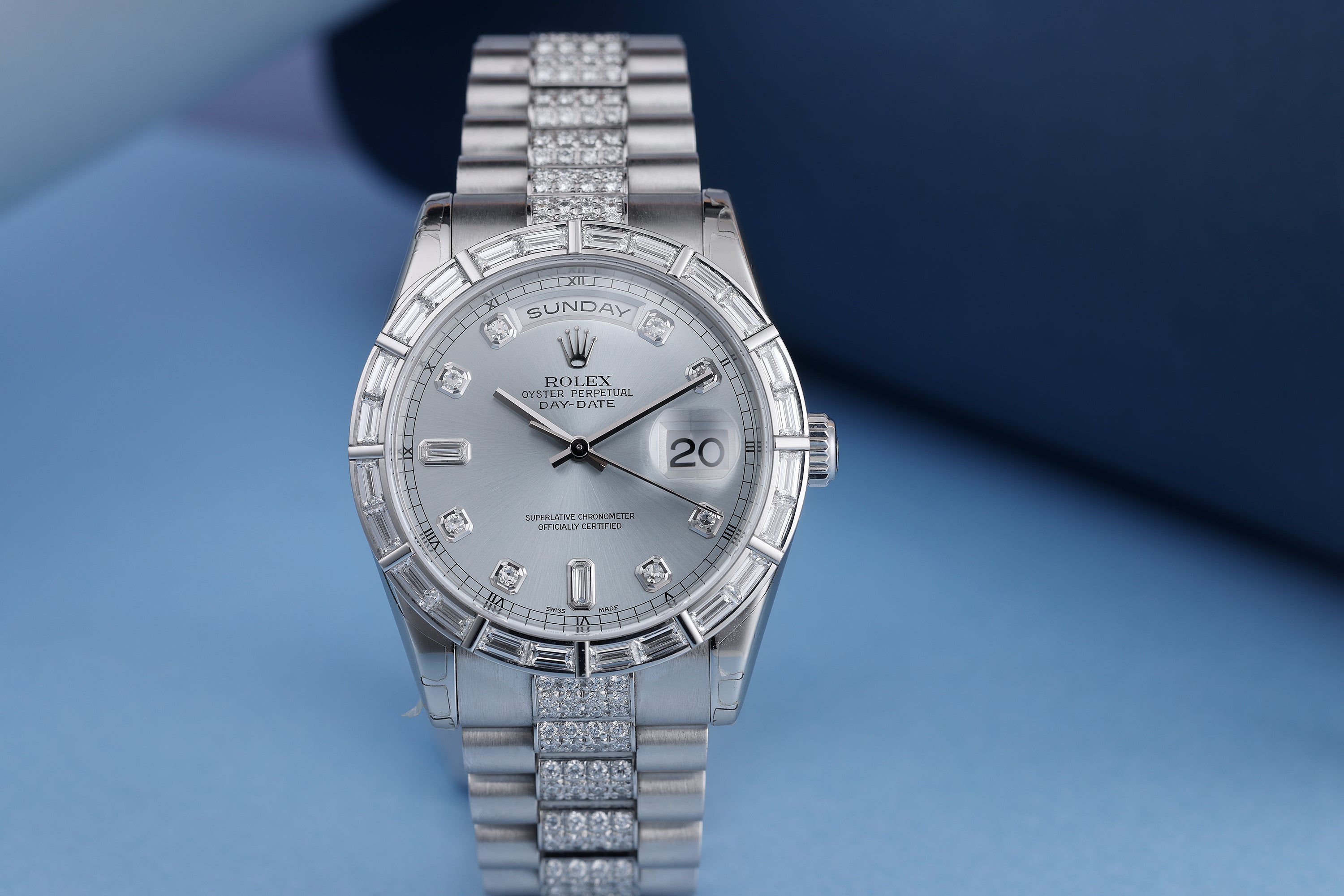 Rare Rolex Day-Date | REF. 118366 | Platinum | Ice Blue Dial | Baguette Bezel, Diamond Hours & Diamond Bracelet