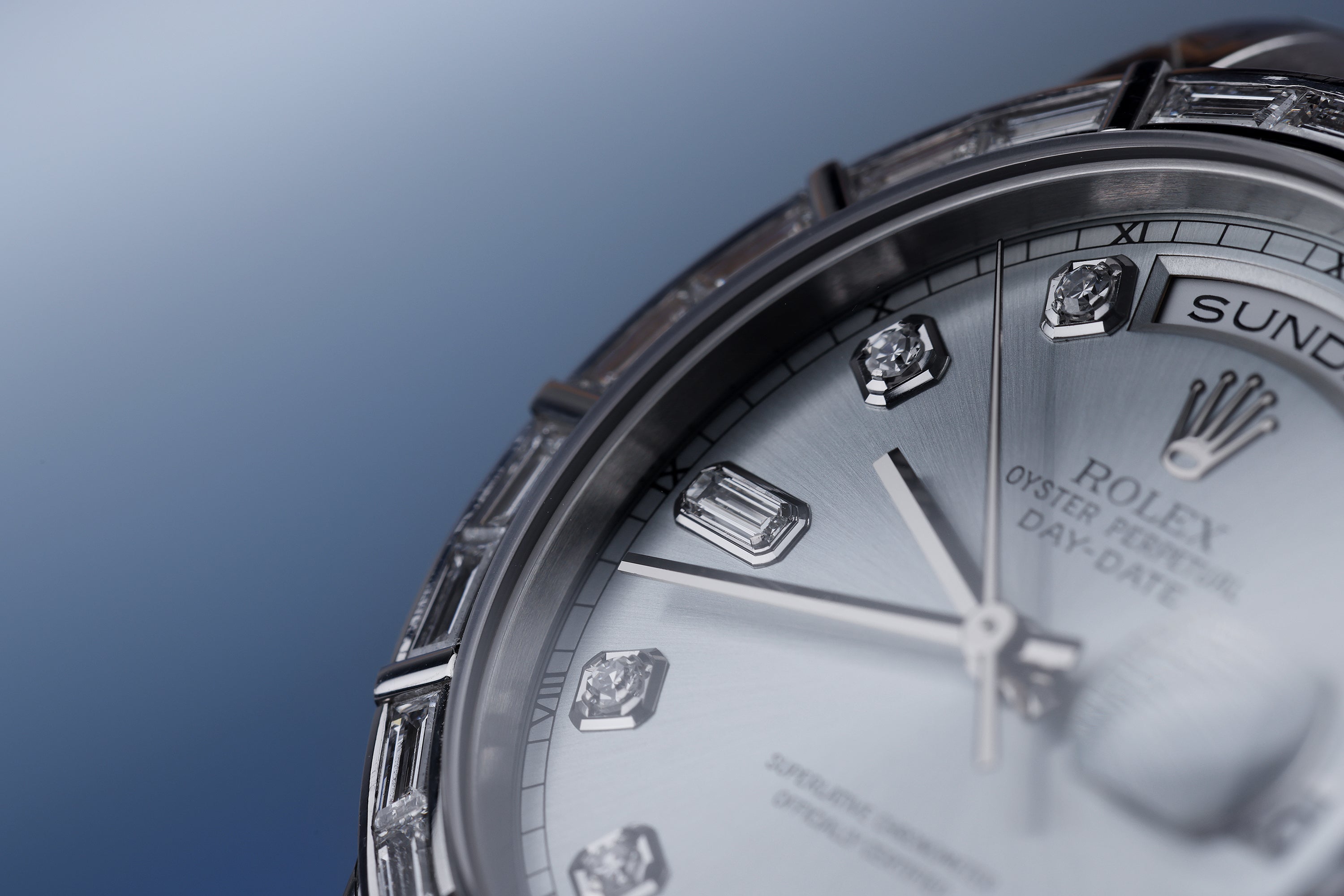 Rare Rolex Day-Date | REF. 118366 | Platinum | Ice Blue Dial | Baguette Bezel, Diamond Hours & Diamond Bracelet