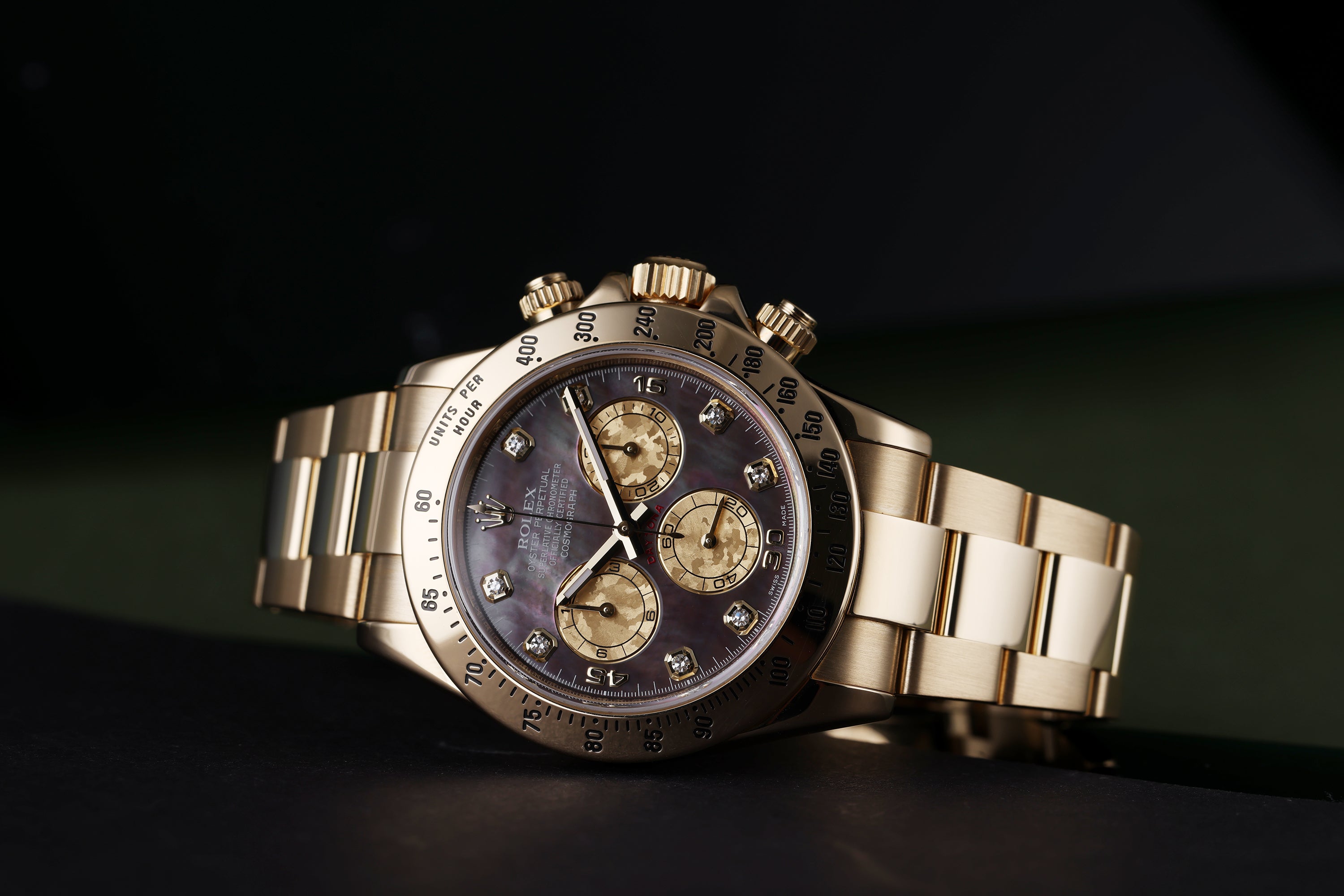 Rolex Daytona | REF. 116528 | Black Mother of Pearl Diamond Dial | Box & Papers | 18k Yellow Gold