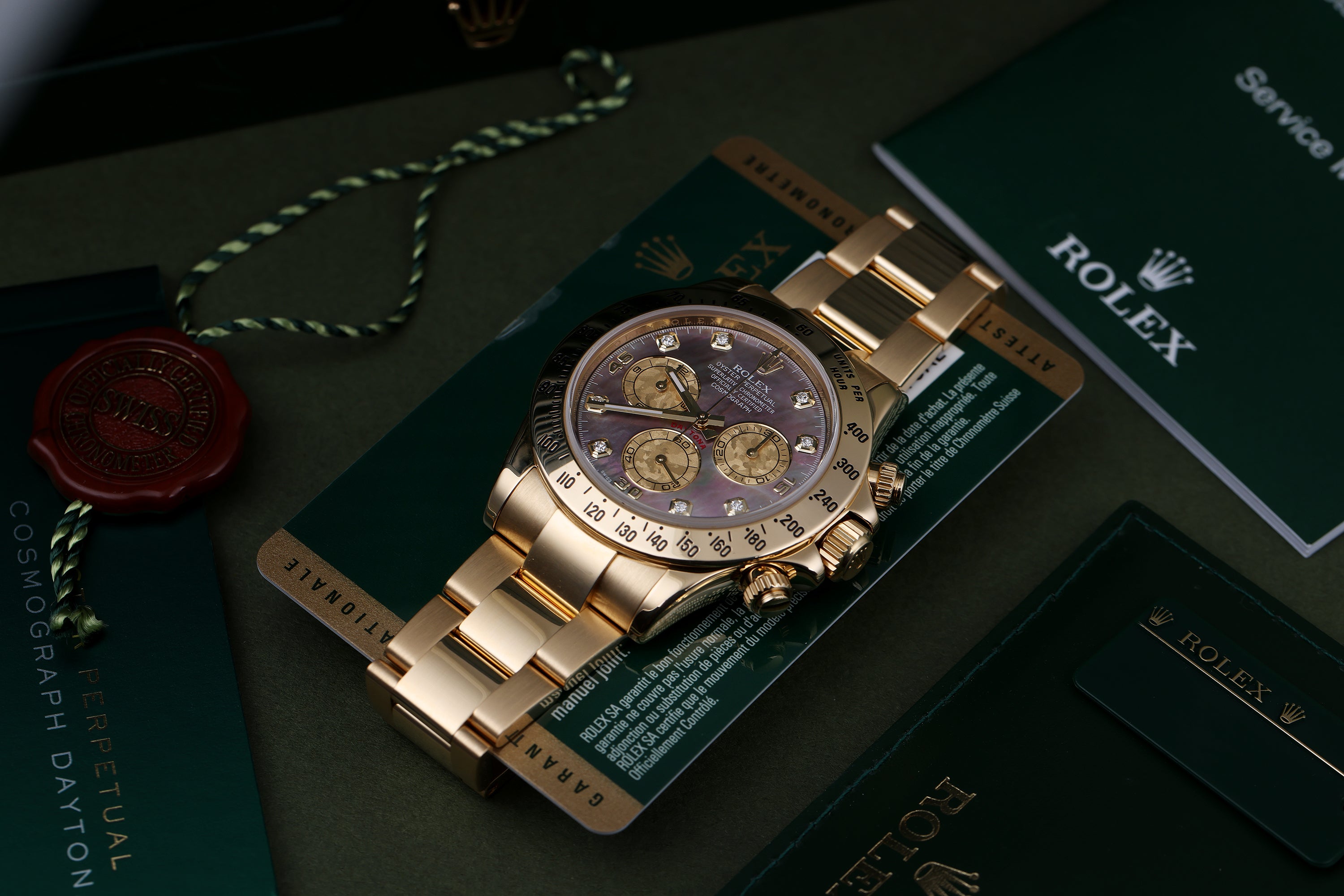 Rolex Daytona | REF. 116528 | Black Mother of Pearl Diamond Dial | Box & Papers | 18k Yellow Gold