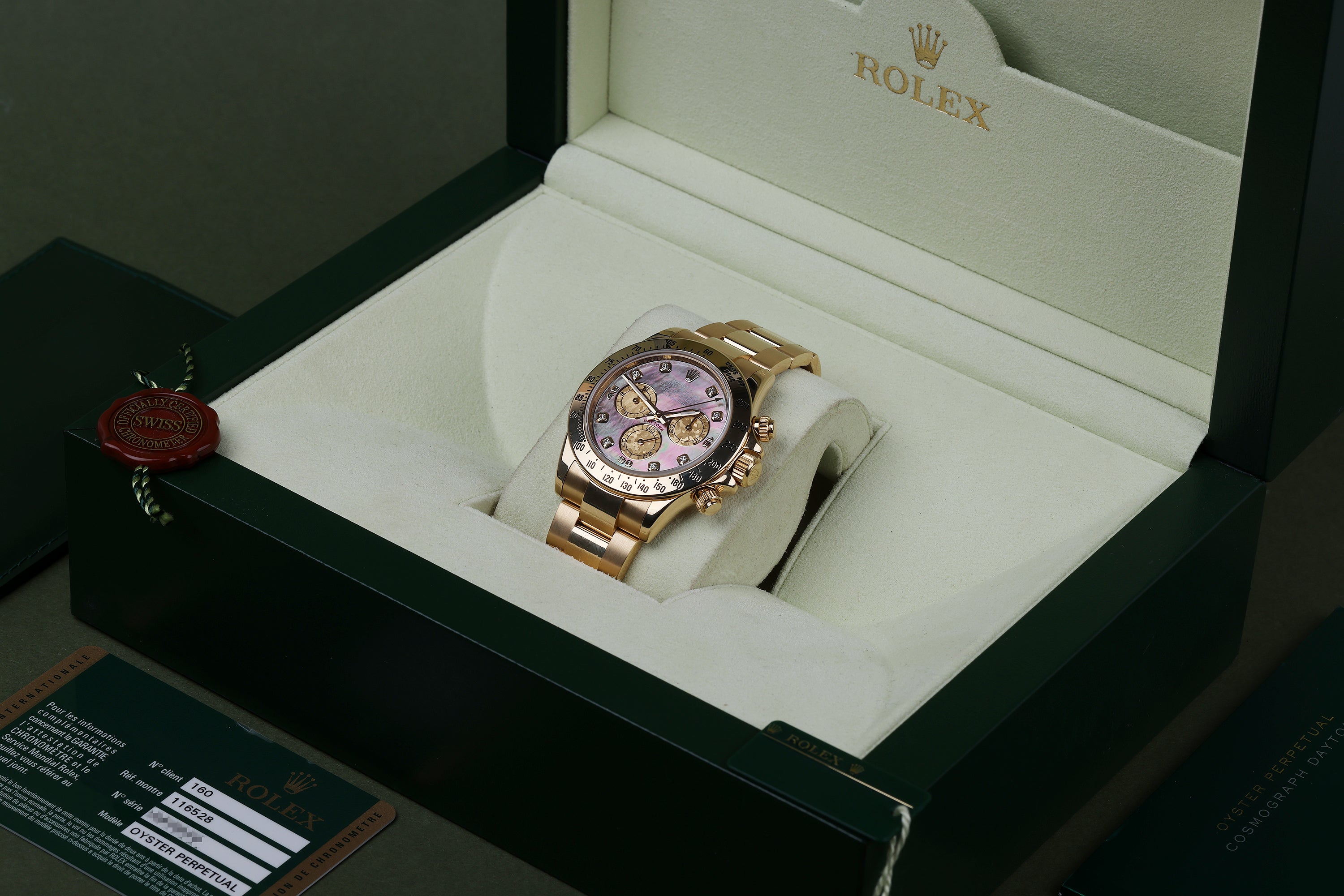 Rolex Daytona | REF. 116528 | Black Mother of Pearl Diamond Dial | Box & Papers | 18k Yellow Gold