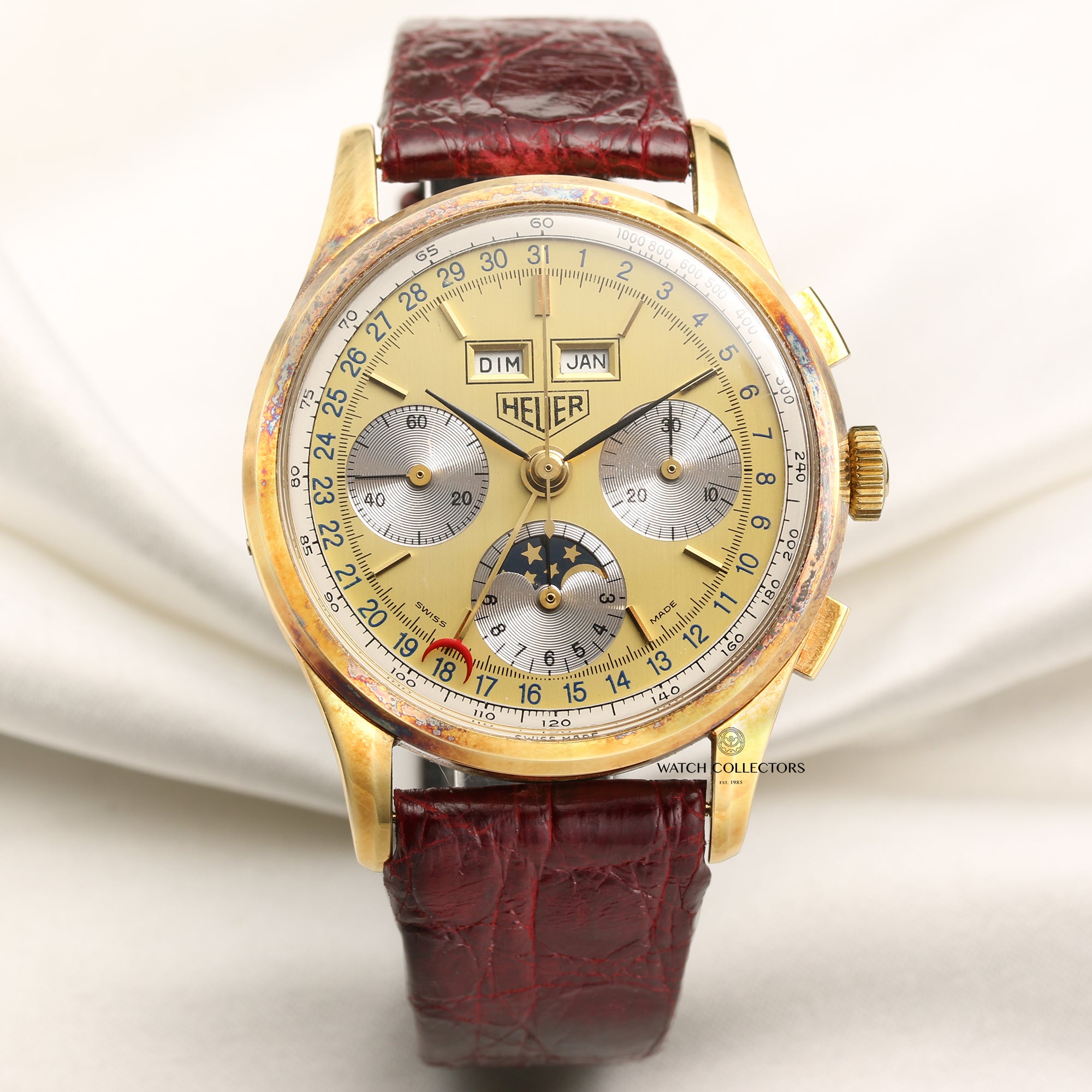 New Old Stock: Heuer Golden Hours Triple Calendar Chronograph Moonphase 18k Yellow Gold