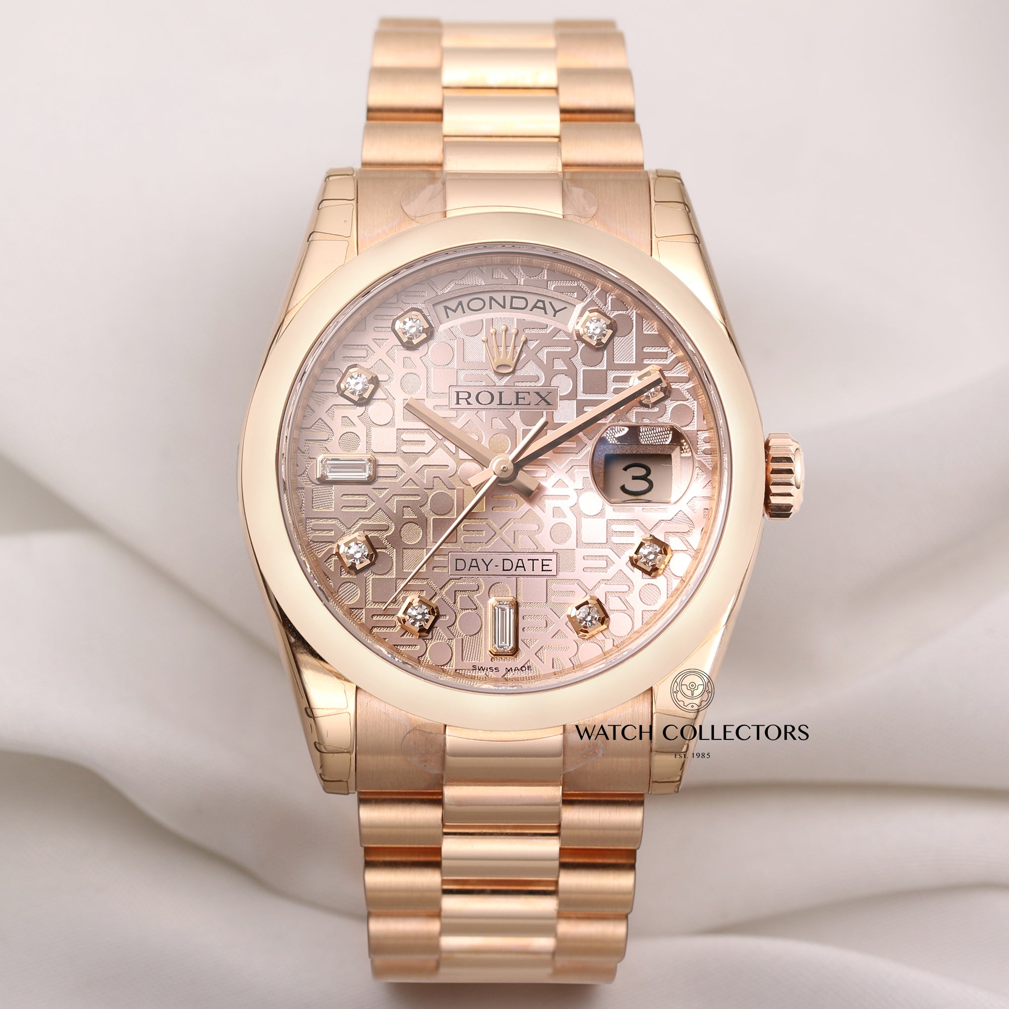 Unworn-Factory-Rolex-Day-Date-118205-Pink-Jubilee-Diamond-Dial-18k-Rose-Gold-Second-Hand-Watch-Collectors-1-2