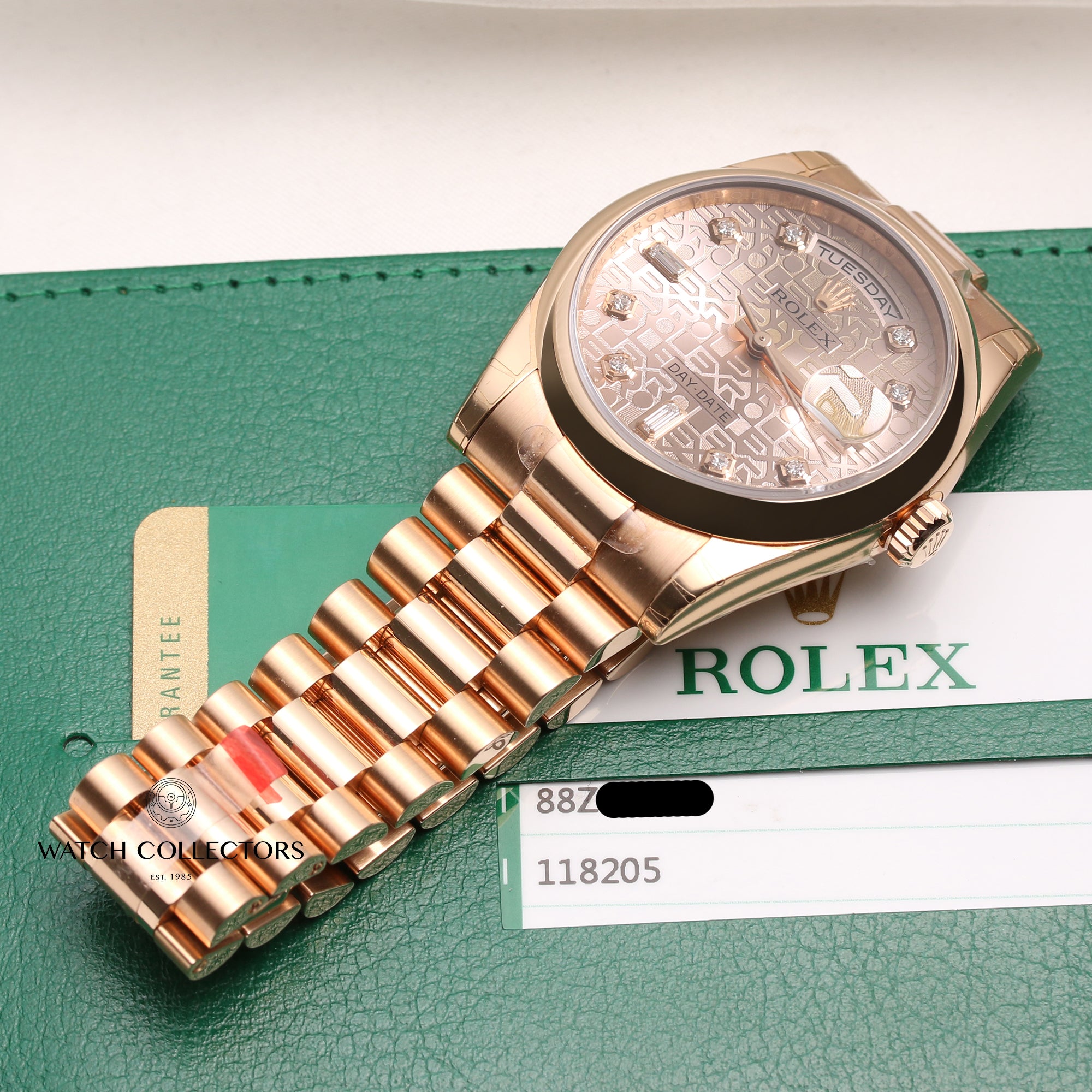 Unworn-Factory-Rolex-Day-Date-118205-Pink-Jubilee-Diamond-Dial-18k-Rose-Gold-Second-Hand-Watch-Collectors-11