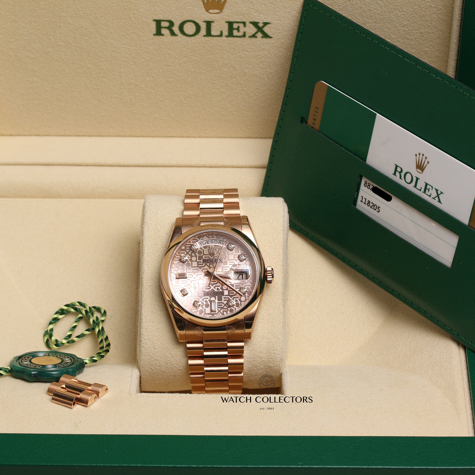 Unworn-Factory-Rolex-Day-Date-118205-Pink-Jubilee-Diamond-Dial-18k-Rose-Gold-Second-Hand-Watch-Collectors-12