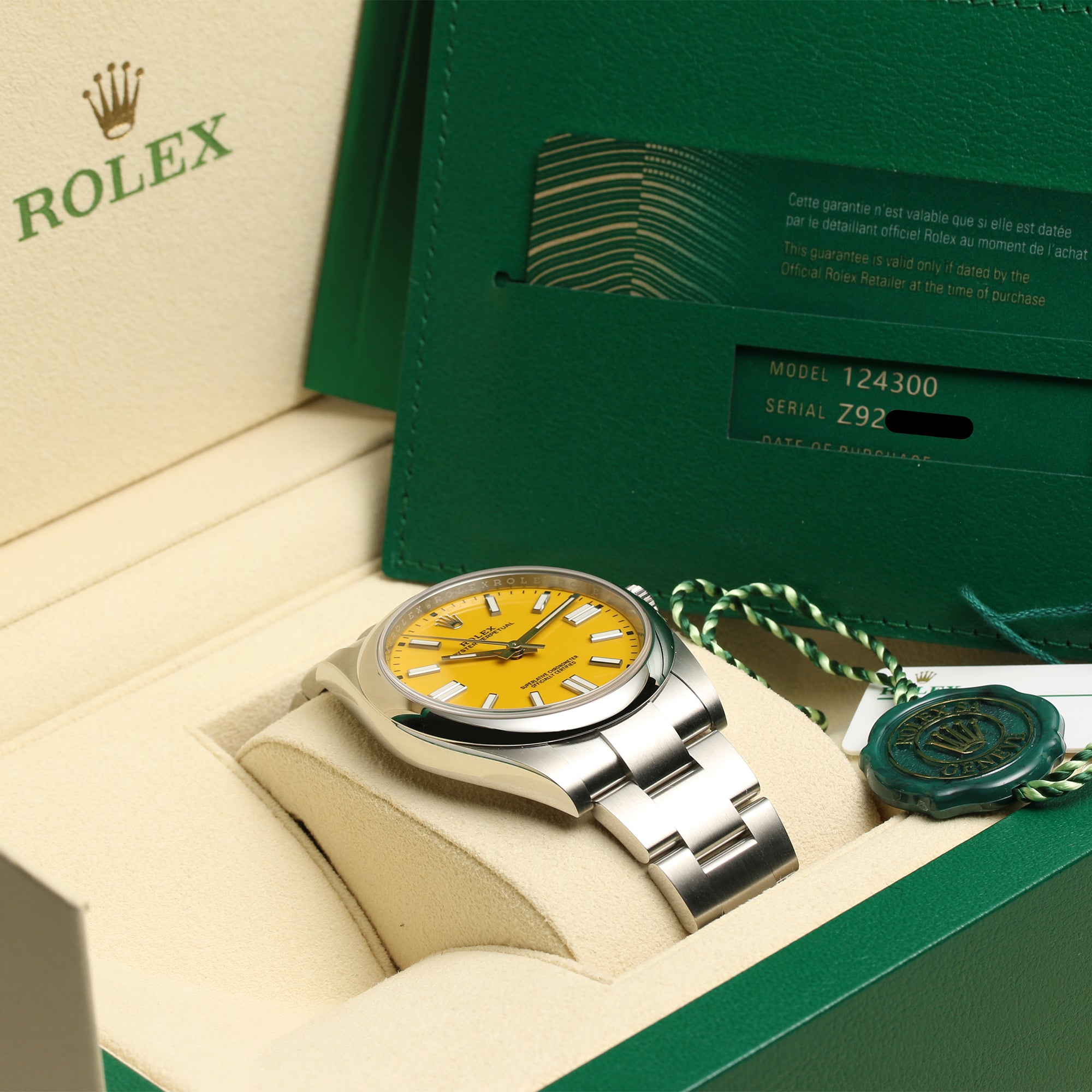 Unworn Full Set Rolex Oyster Perpetual 124300 Yellow Dial Stainless Steel Second Hand Watch Collectors 10