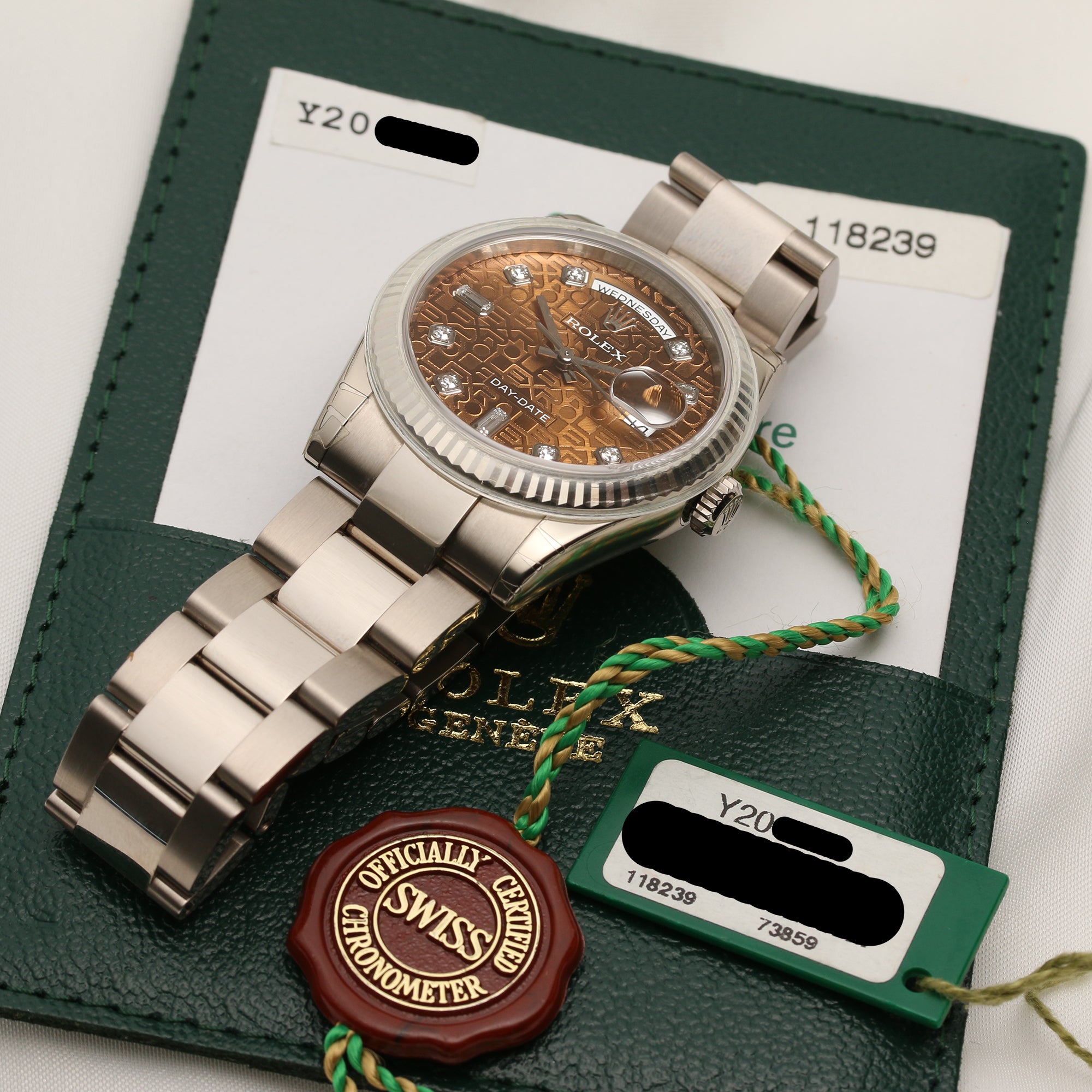 Unworn Fullset Rolex Day-Date 118239 Brown Jubilee Diamond Dial Second Hand Watch Collectors 10