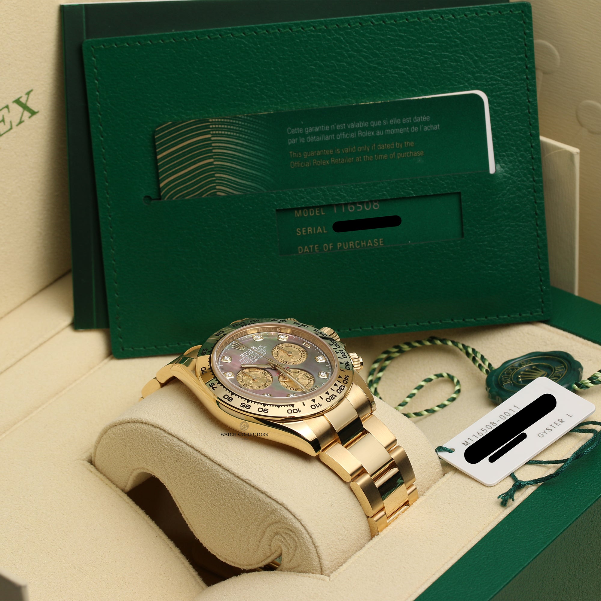 Unworn Fullset Rolex Daytona 116508 18K Yellow Gold MOP Diamond Second Hand Watch Collectors 10