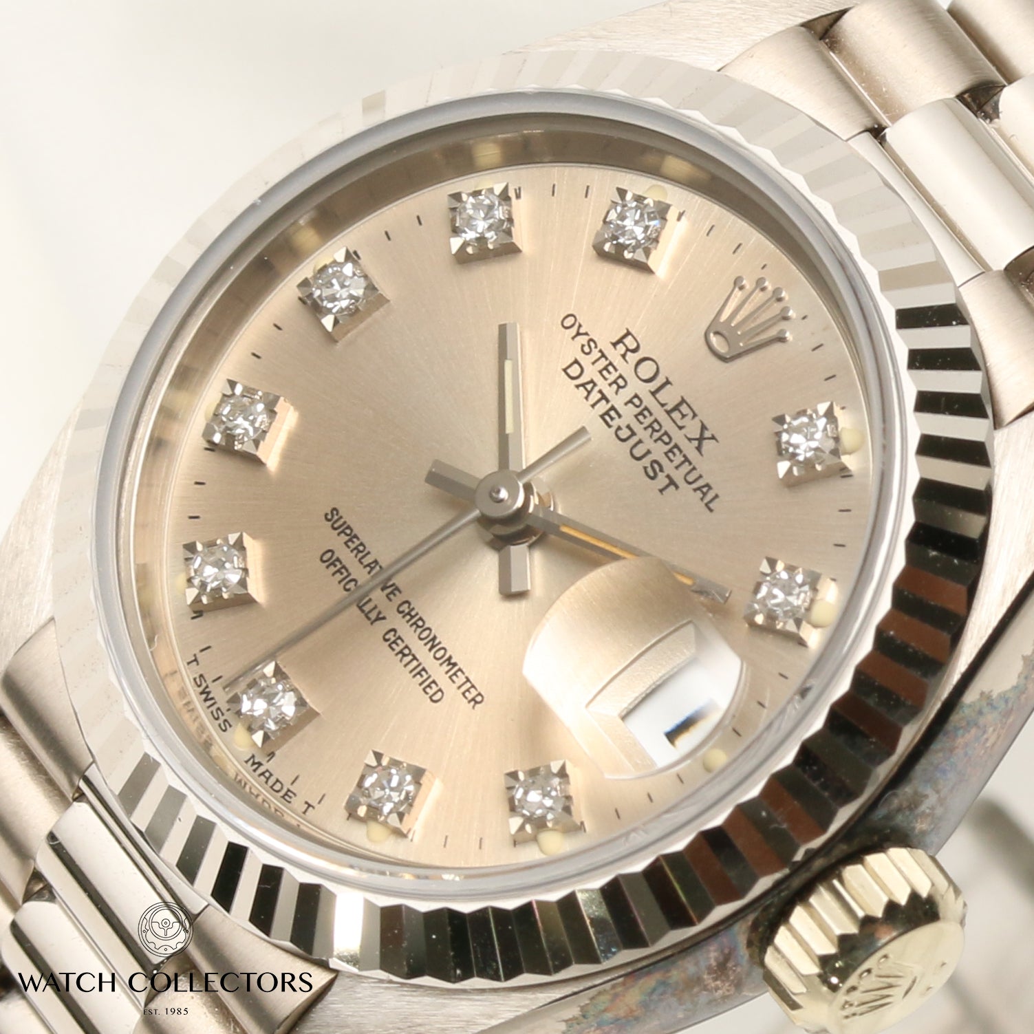 Unworn Rolex DateJust 69179 18K White Gold Silver Diamond Dial Second Hand Watch Collectors 4