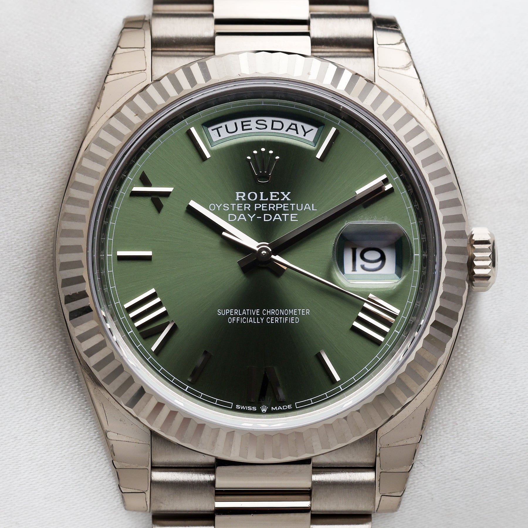 Unworn Rolex Day-Date 228239 Olive Dial 18K White Gold Second Hand Watch Collectors 2