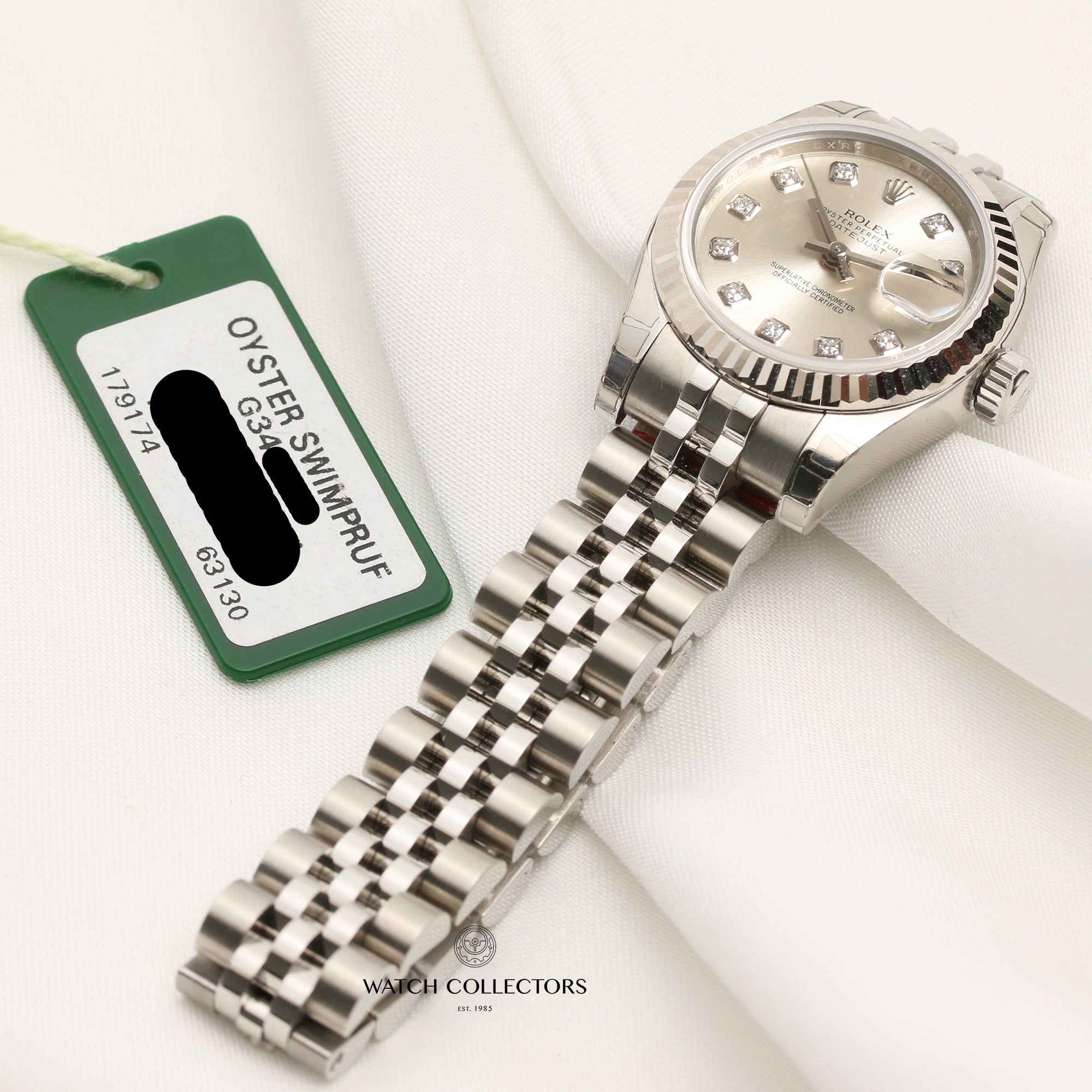 Unworn Rolex Lady DateJust 179174 Stainless Steel & 18K White Gold Bezel Silver Diamond Dial Second Hand Watch Collectors 7