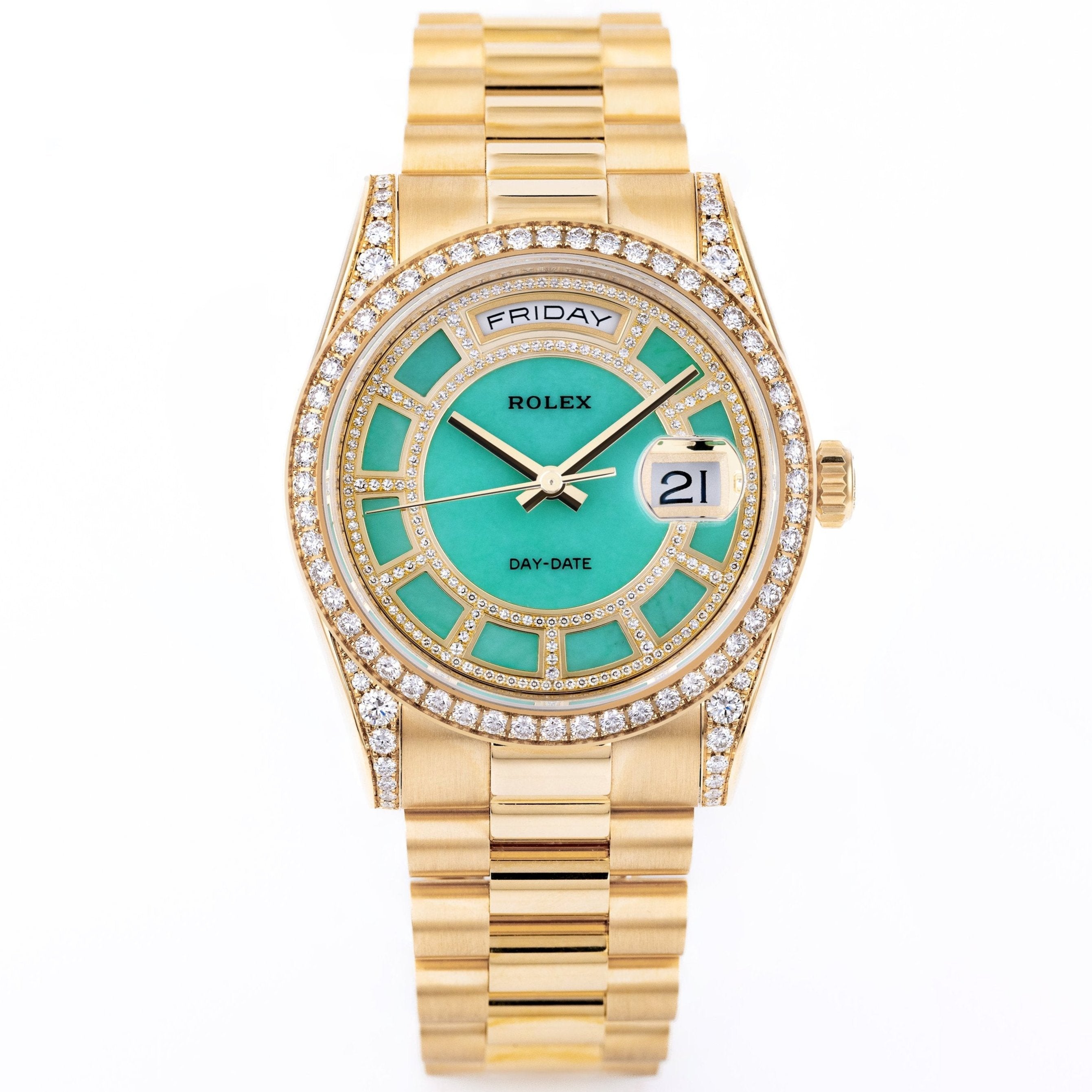 Unworn Rolex Day-Date | REF. 118388 | Carousel Green Jade Dial | Diamond Dial, Bezel & Shoulders | 18k Yellow Gold