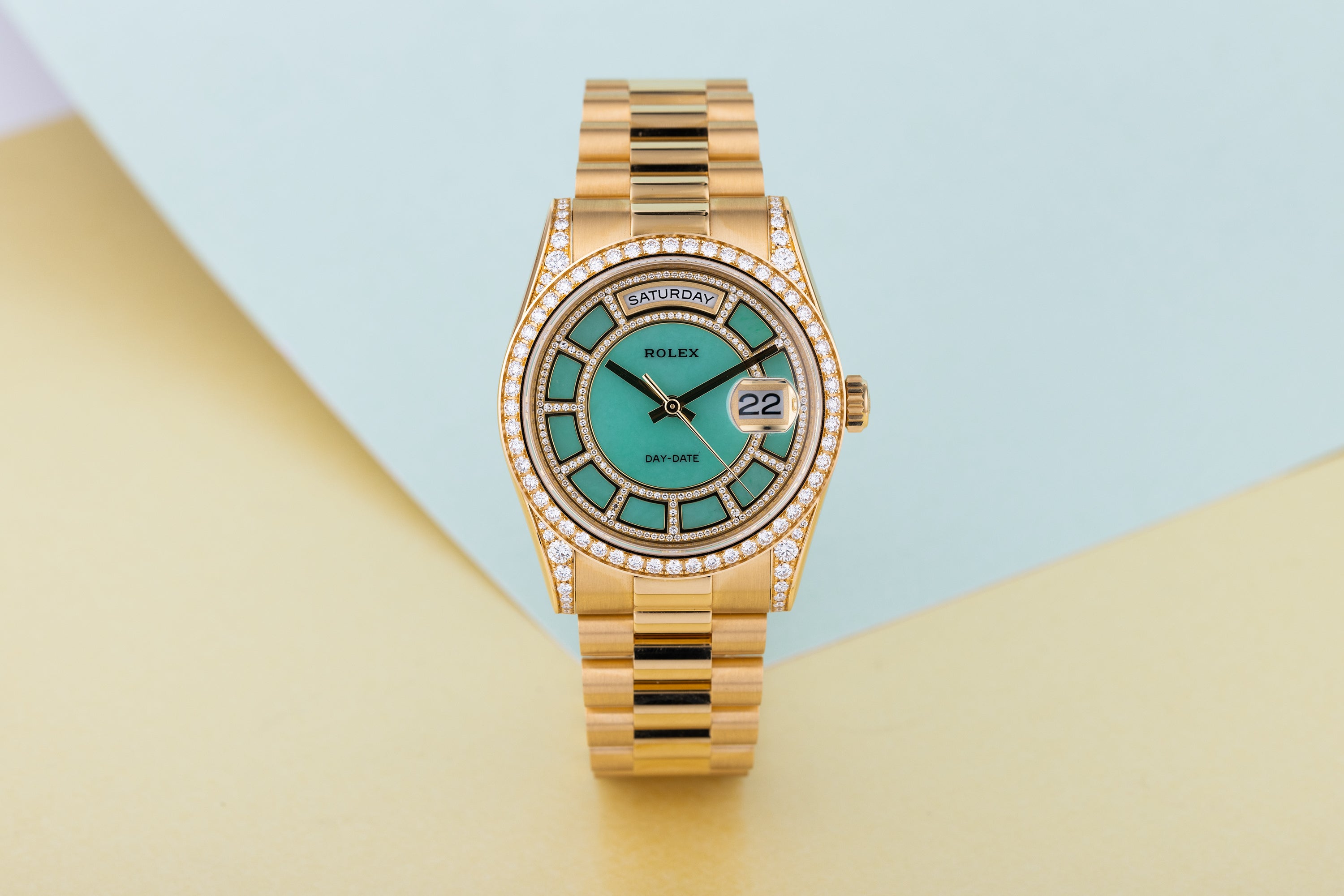 Unworn Rolex Day-Date | REF. 118388 | Carousel Green Jade Dial | Diamond Dial, Bezel & Shoulders | 18k Yellow Gold