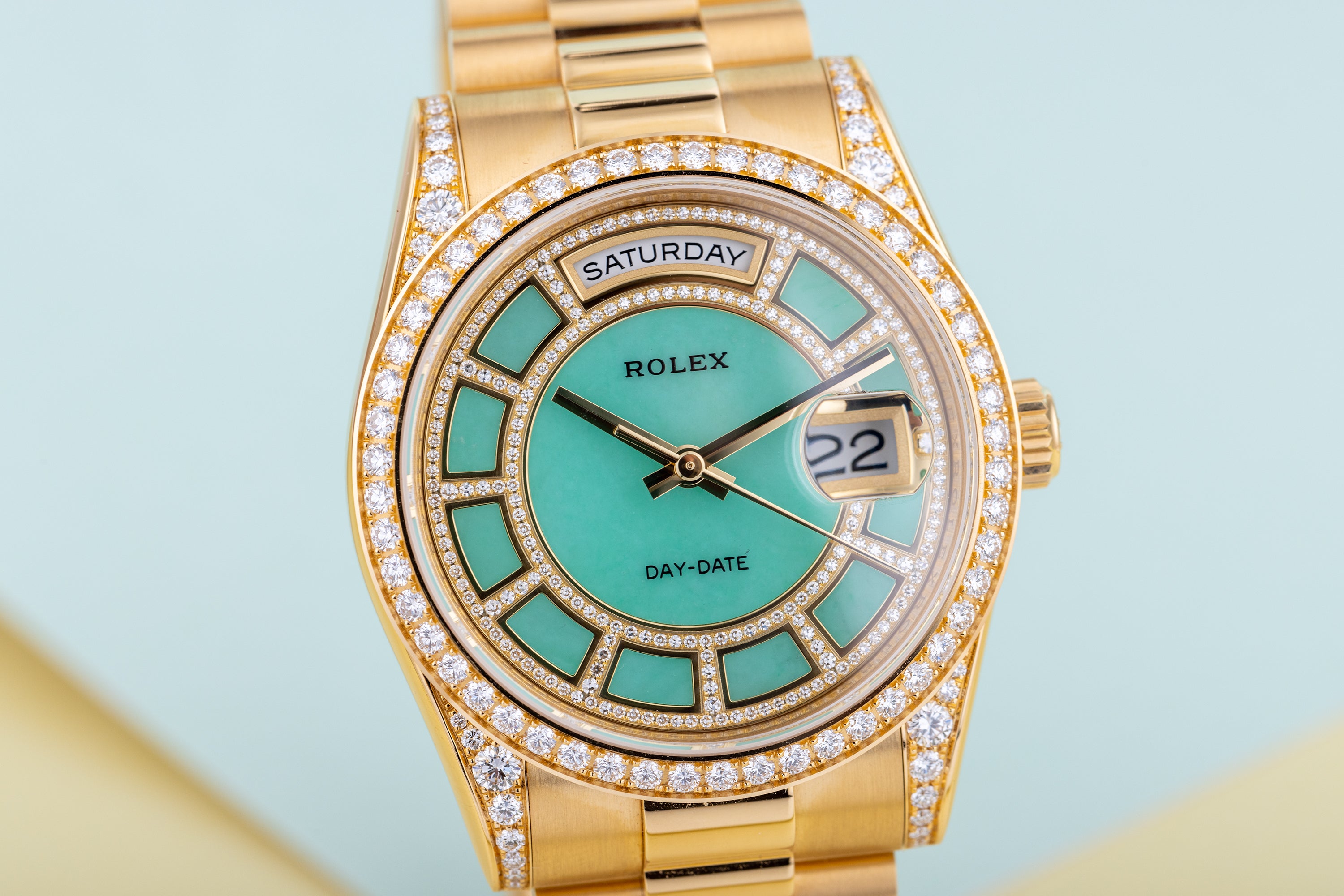 Unworn Rolex Day-Date | REF. 118388 | Carousel Green Jade Dial | Diamond Dial, Bezel & Shoulders | 18k Yellow Gold