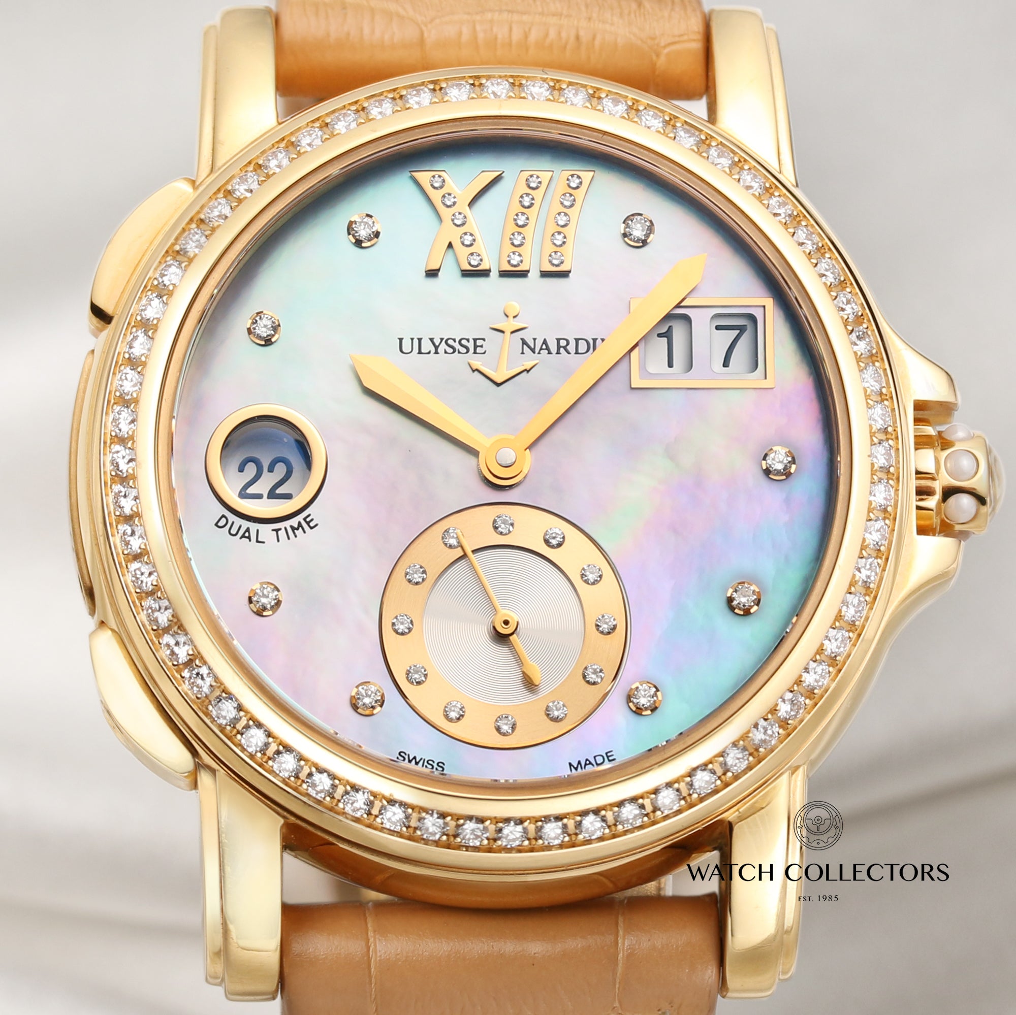 ulysse nardin 18k yellow gold diamond bezel mop dial second hand watch collectors 2