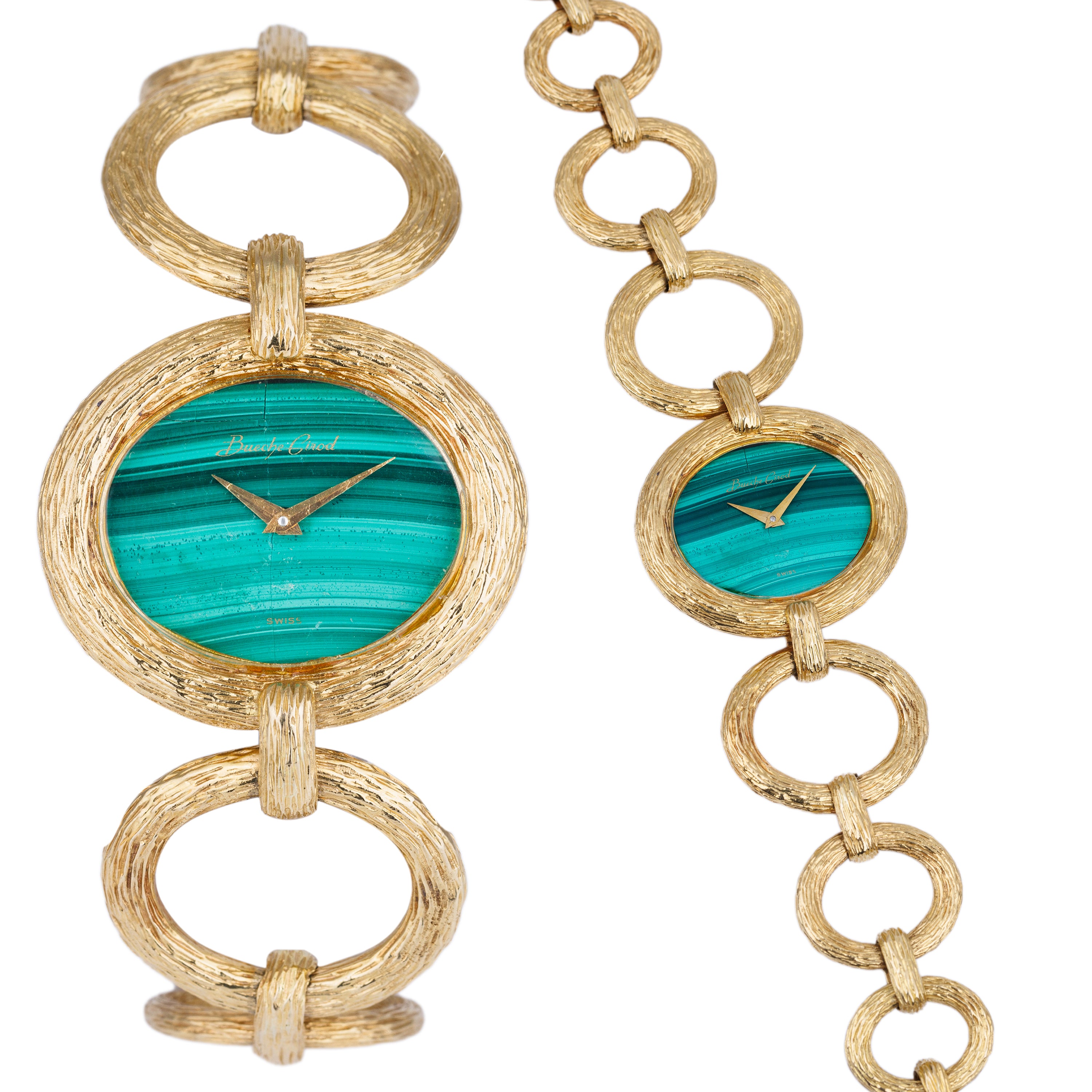 Bueche Girod 1970s Ladies Wristwatch | Malachite Dial | Bark Finish | 18k Yellow Gold | 36mm